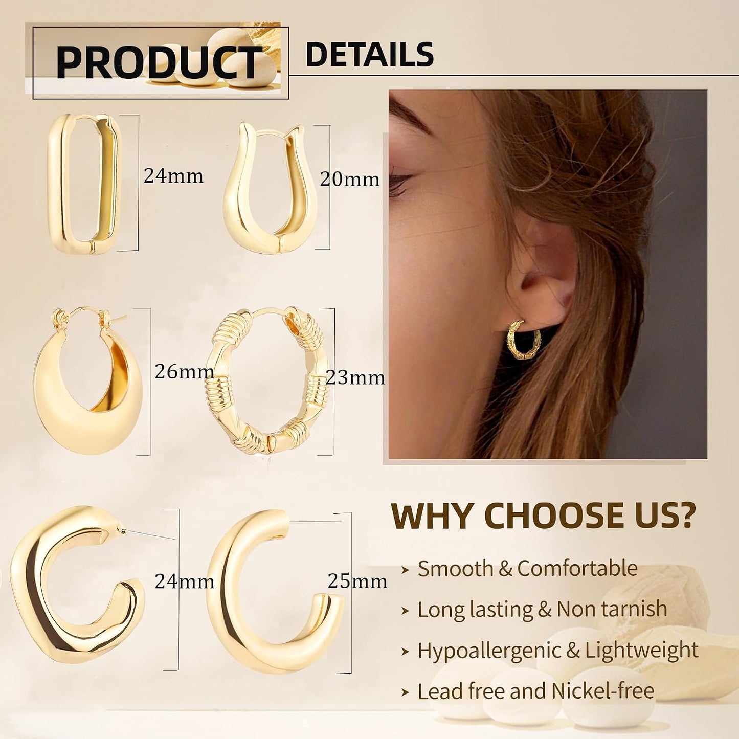 6 pares de aretes de aro chapados en oro de 14 quilates para mujer,...