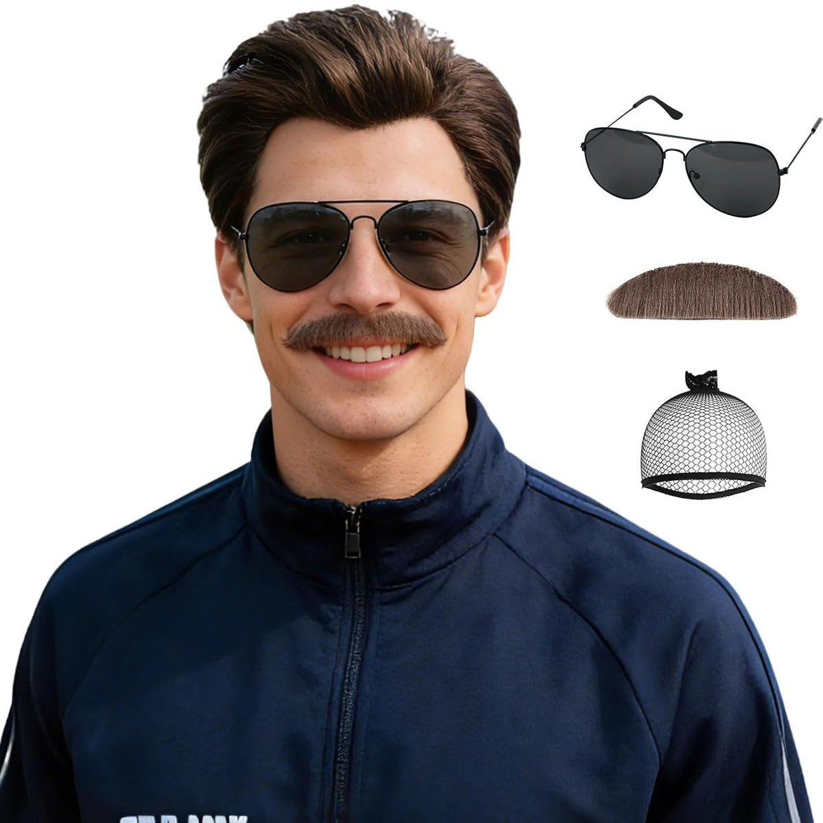 Wallden Hair Peluca corta marrón para hombre, bigote, lentes de sol...