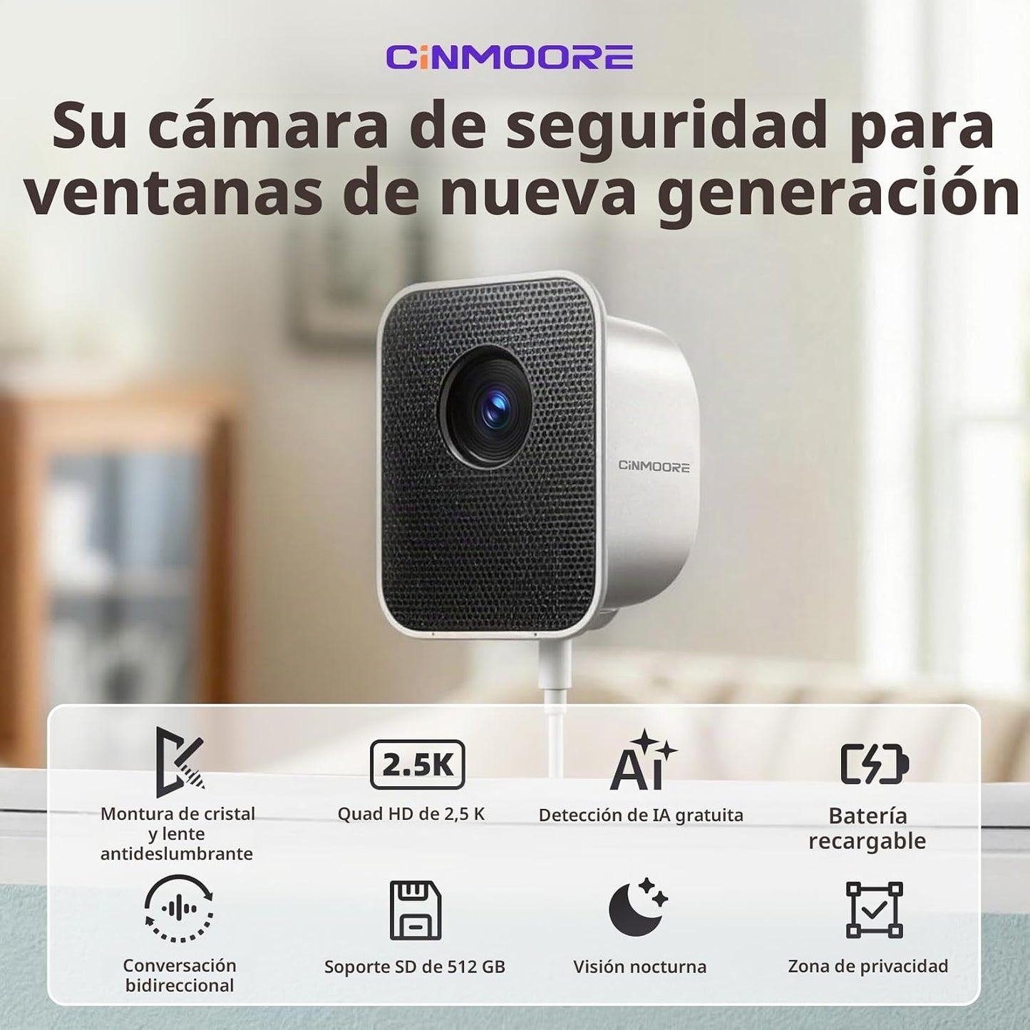 CINMOORE Cámara de seguridad de ventana de 2.5K, sin taladro, antir...