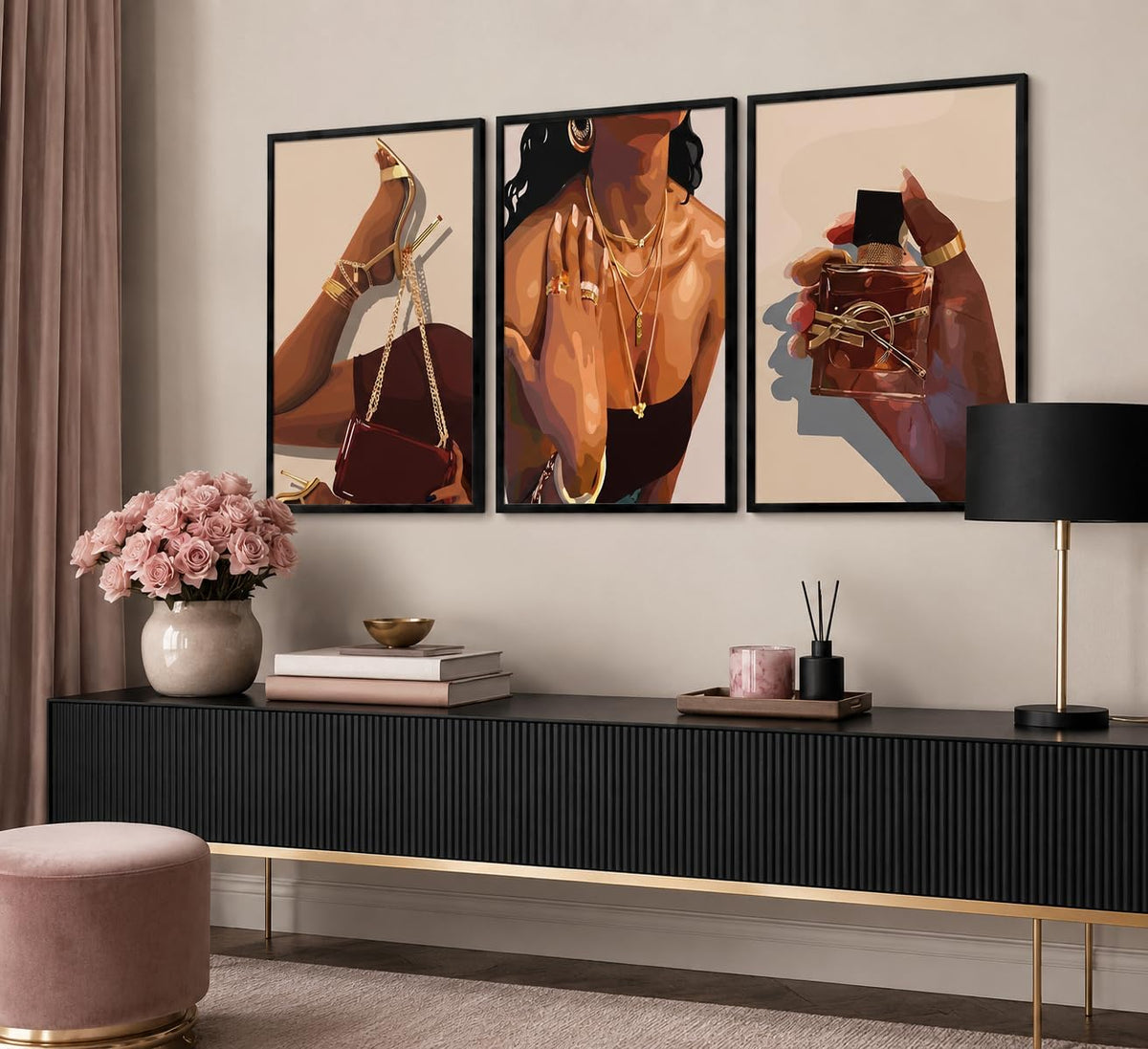 Negro enmarcado 3 piezas arte de pared de niña negra decoración de...