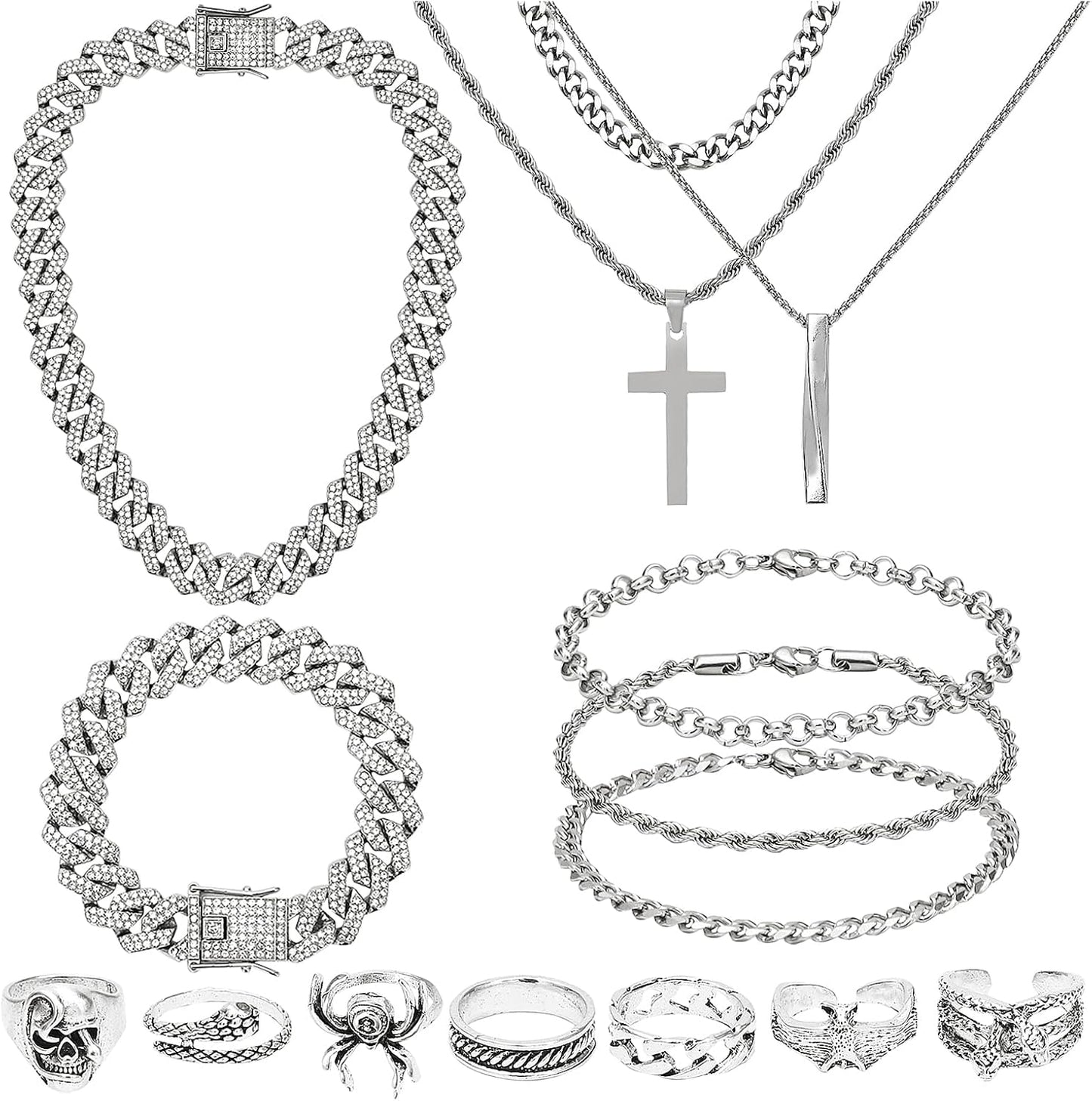 NEWITIN Juego de 15 piezas de joyería de plata para hombre, acero i...