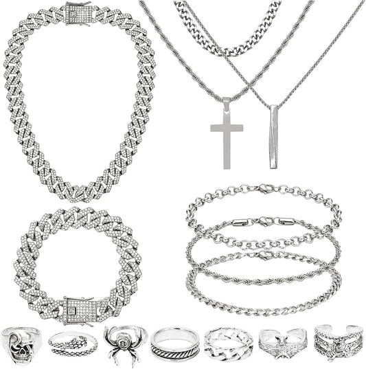 NEWITIN Juego de 15 piezas de joyería de plata para hombre, acero i...
