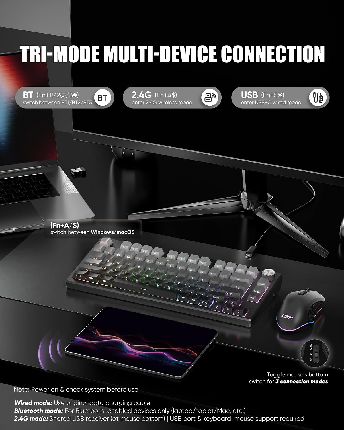 RedThunder K75 Combo de teclado y mouse de membrana inalámbrica, te...