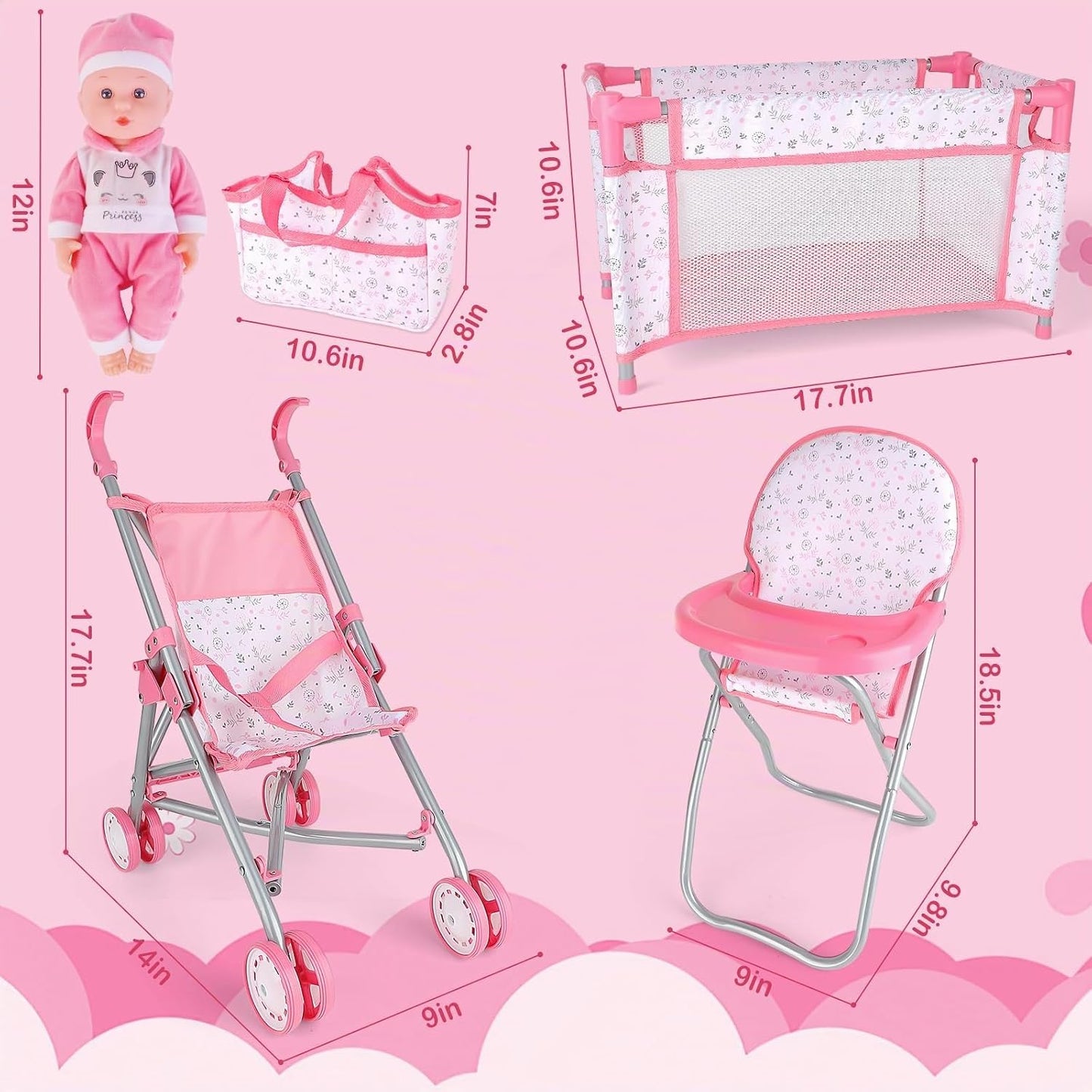 deAO Juego de juguetes para muñecas de bebé, cochecito, cuna, cama,...