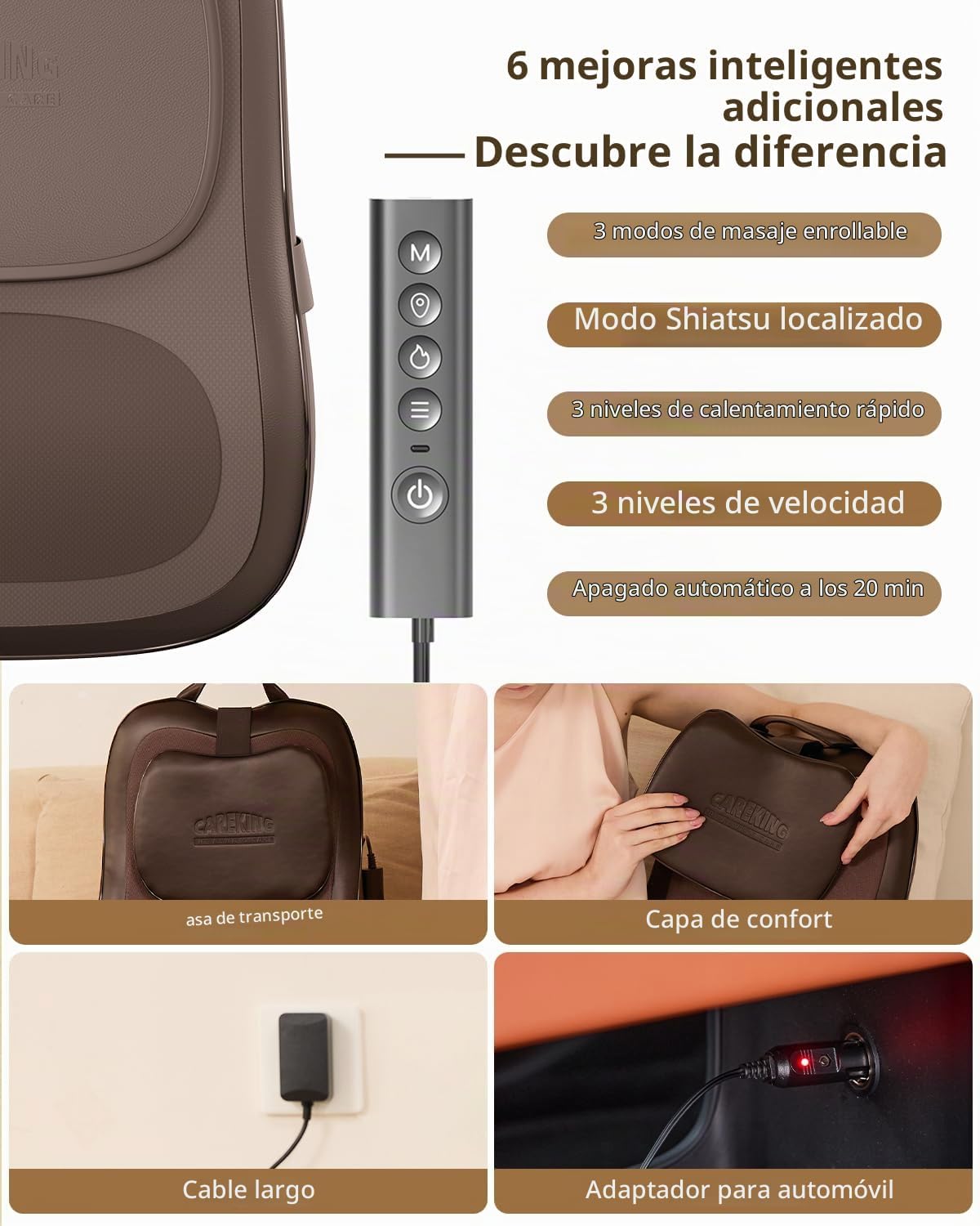 Masajeador de espalda con calor, almohada de masaje Shiatsu 3D, reg...