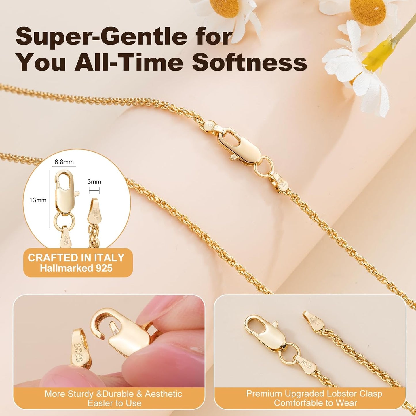 WishChic Cadena de cuerda de 0.079 in de plata de ley 925 para muje...