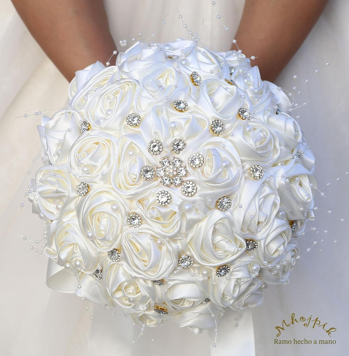 Mhojpik Ramo de Novia para Boda Redondo con Broche Brillante, Ramo...
