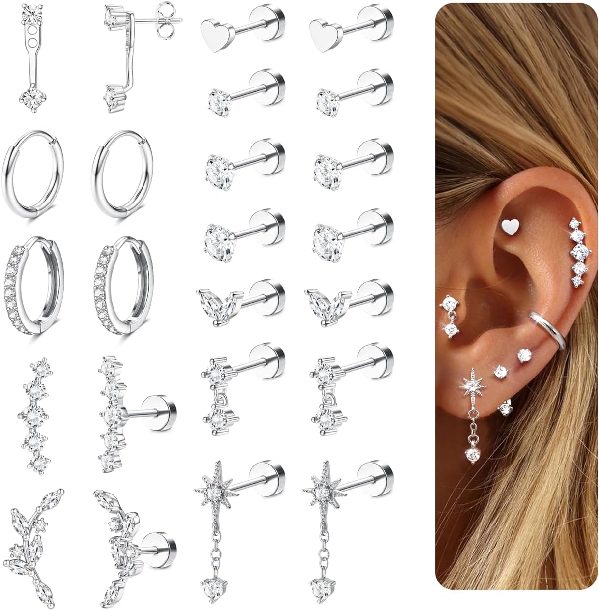 LOLIAS Aretes hipoalergénicos de espalda plana, apilamientos de are...