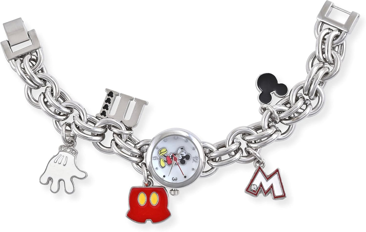Disney Mickey Mouse - Reloj de pulsera con dije plateado para niños...