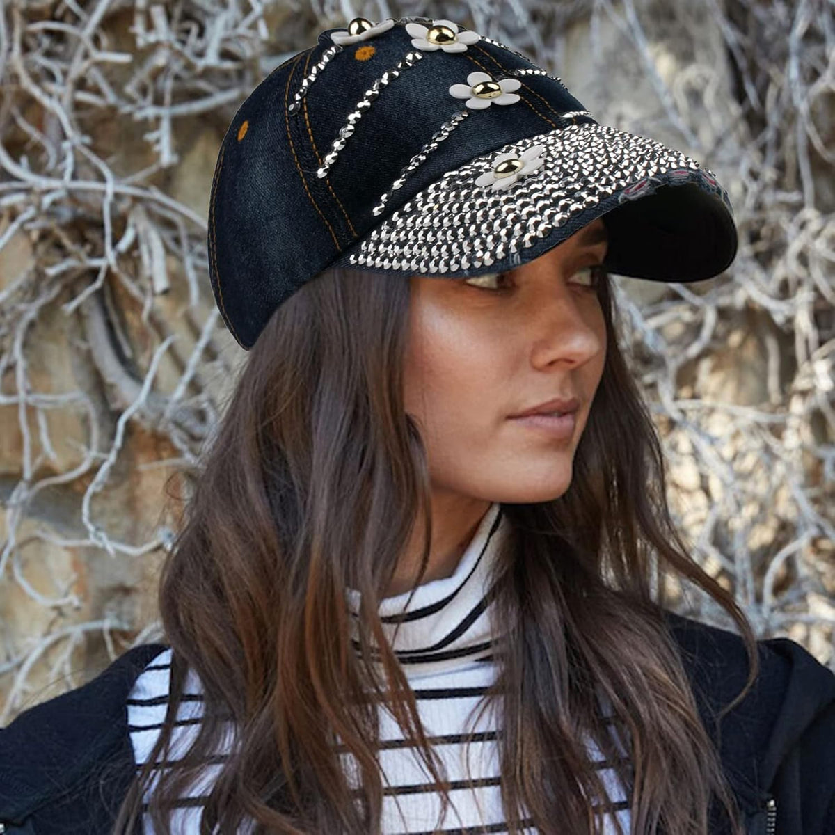 LUCKYBUNNY Gorra de béisbol con flor para mujer, estilo vintage, aj...