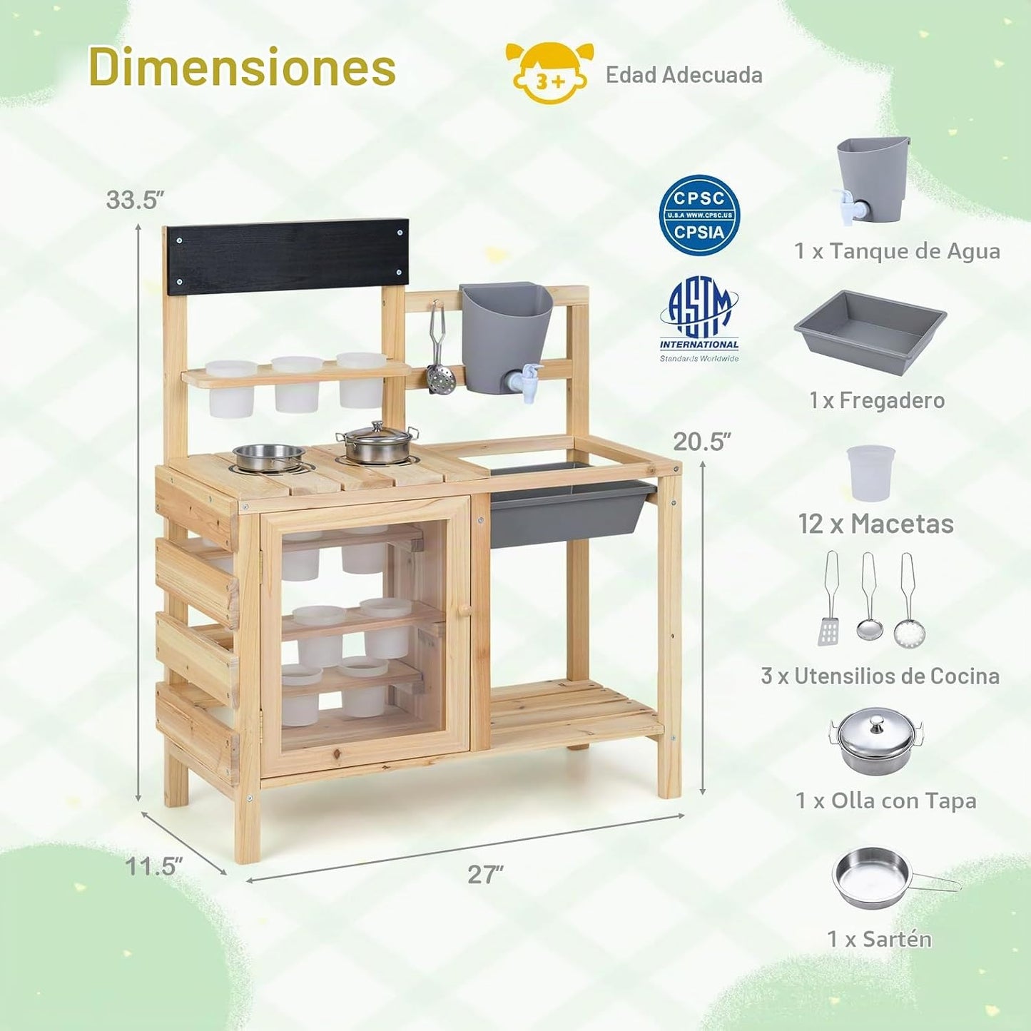 Costzon Cocina de barro, banco de madera para macetas para niños co...