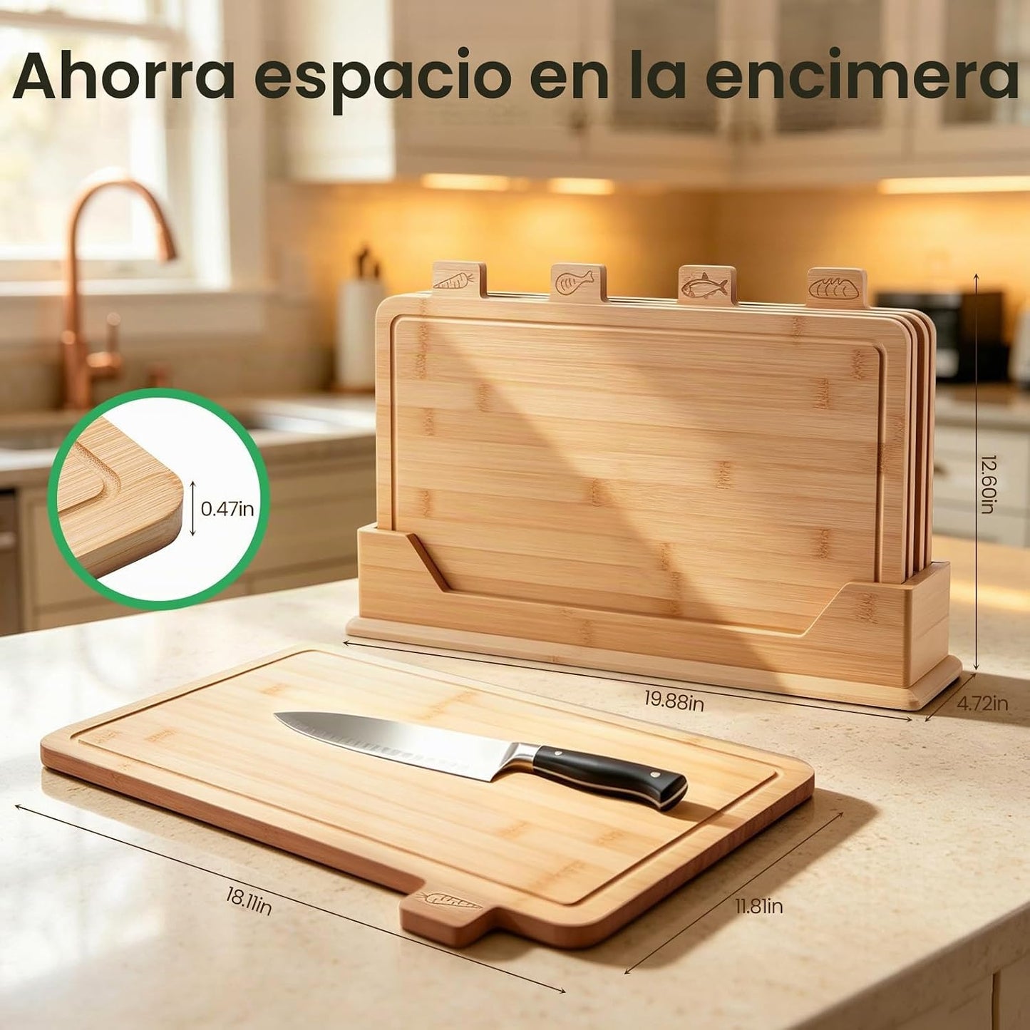 Juego de tablas de cortar de bambú etiquetadas con estante de almac...