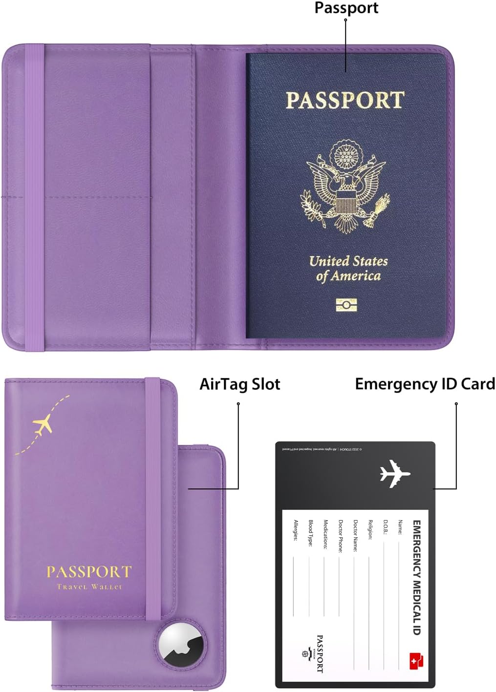 Stouchi Funda para pasaporte AirTag, Púrpura, Pequeña | Piel sintét...