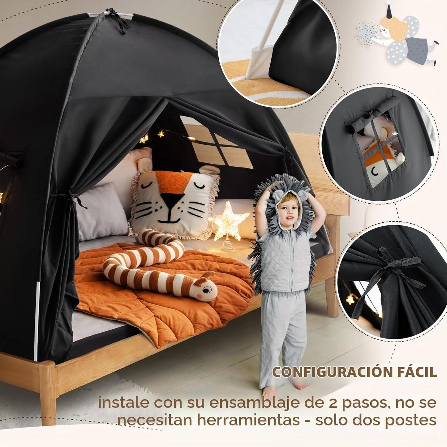 Toldo de cama de tamaño completo, litera para niños, tienda de camp...