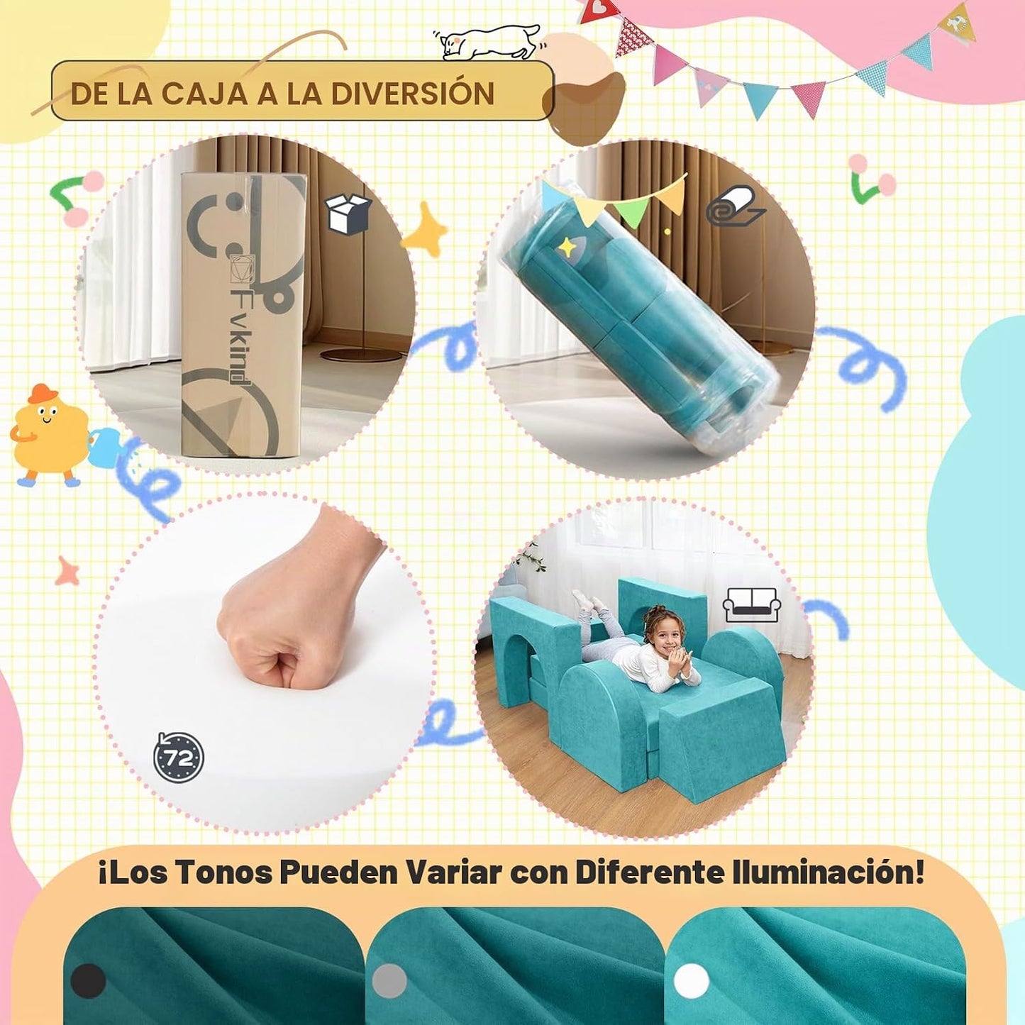 Fvkind Sofá de juego para niños de 10 piezas, sofá modular para niñ...