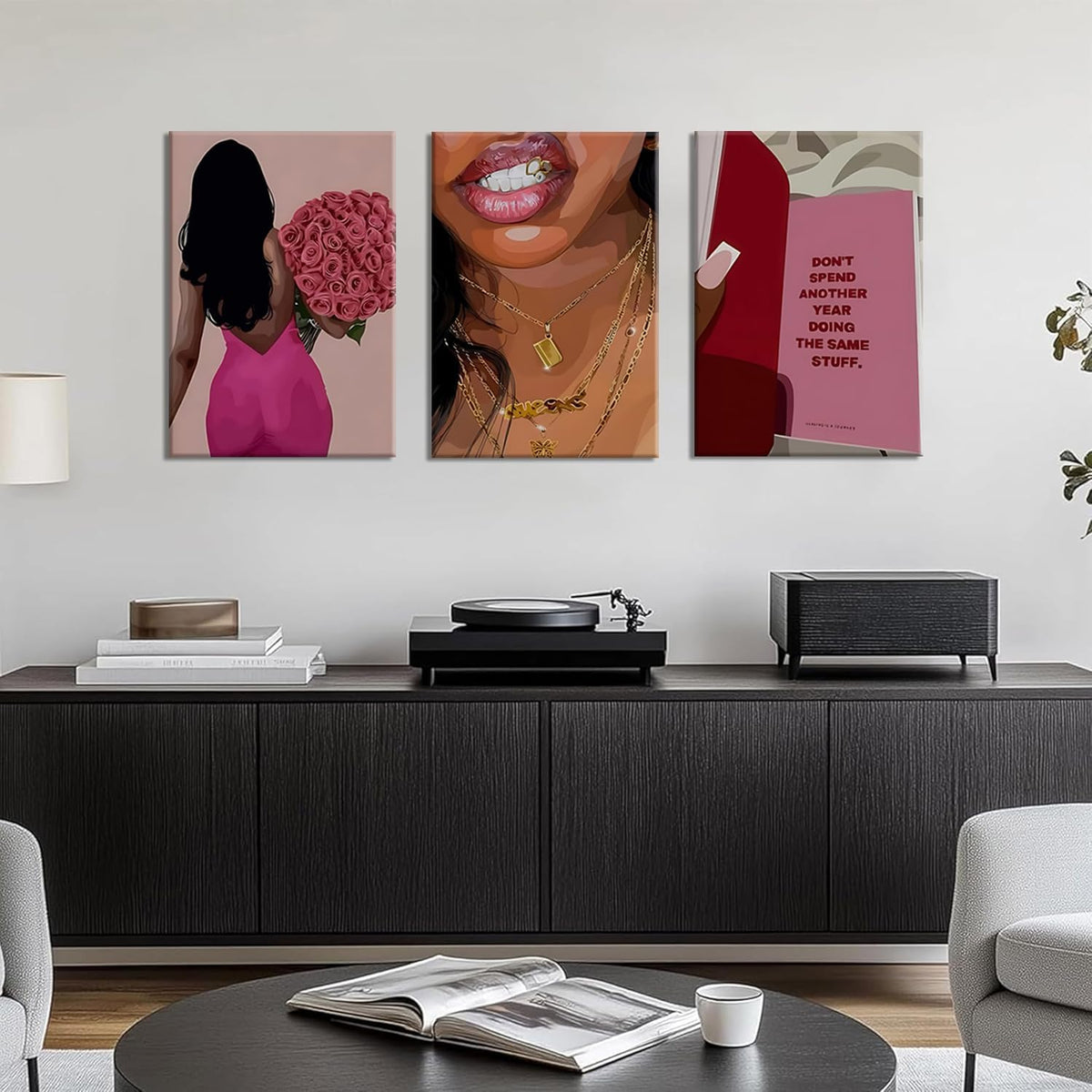 Arte de Pared de Lienzo de Mujer Negra de Moda Rosa, Juego de 3, Ar...