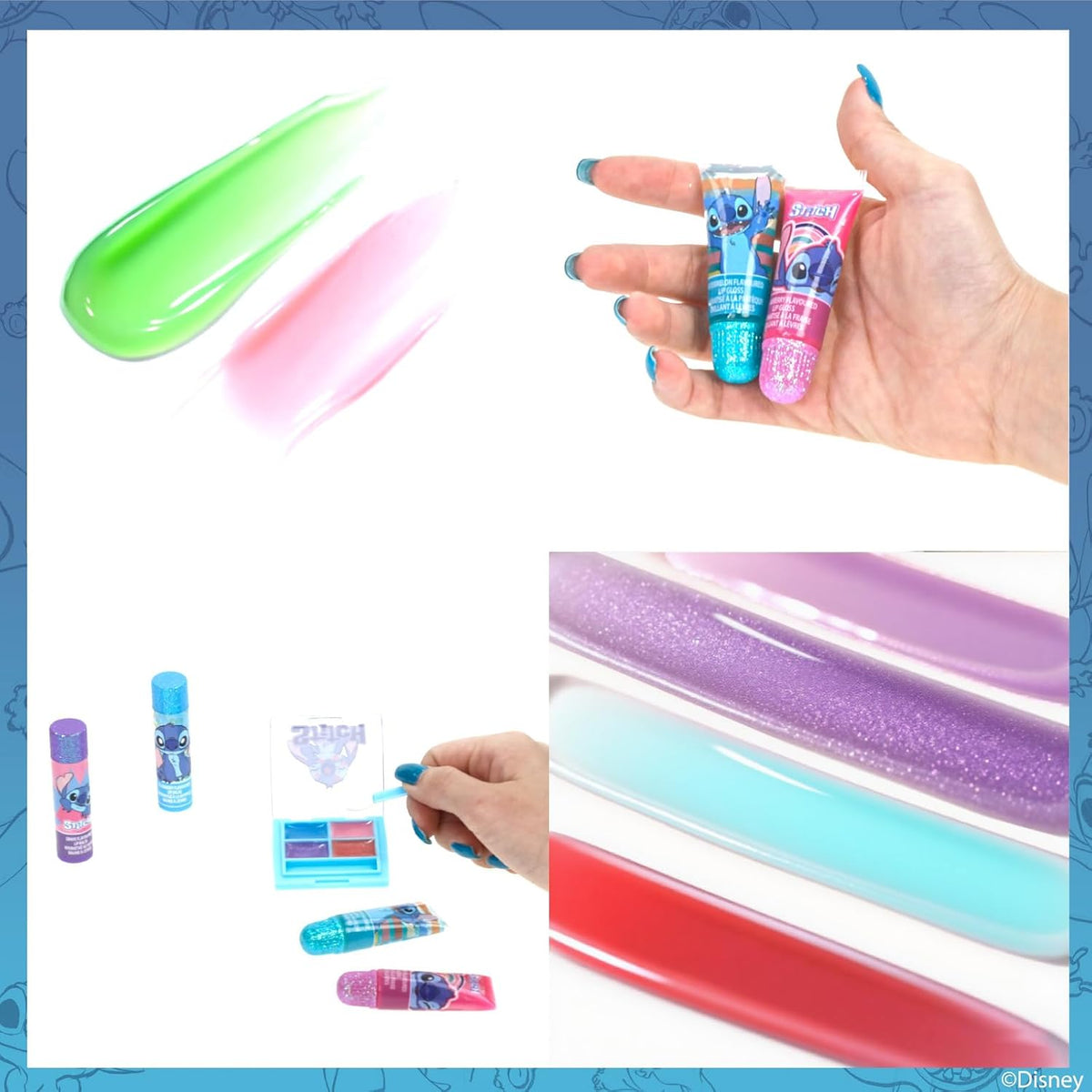 Disney Stitch Beauty Mini Train Case Set incluye tubo de brillo de...