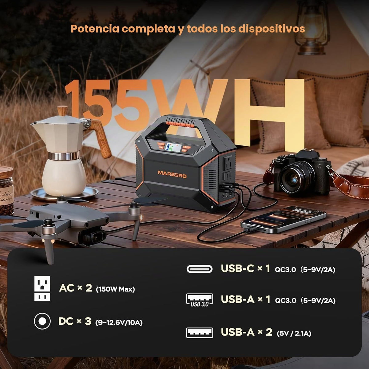 MARBERO Generador solar de 155 Wh con panel solar incluido Estación...