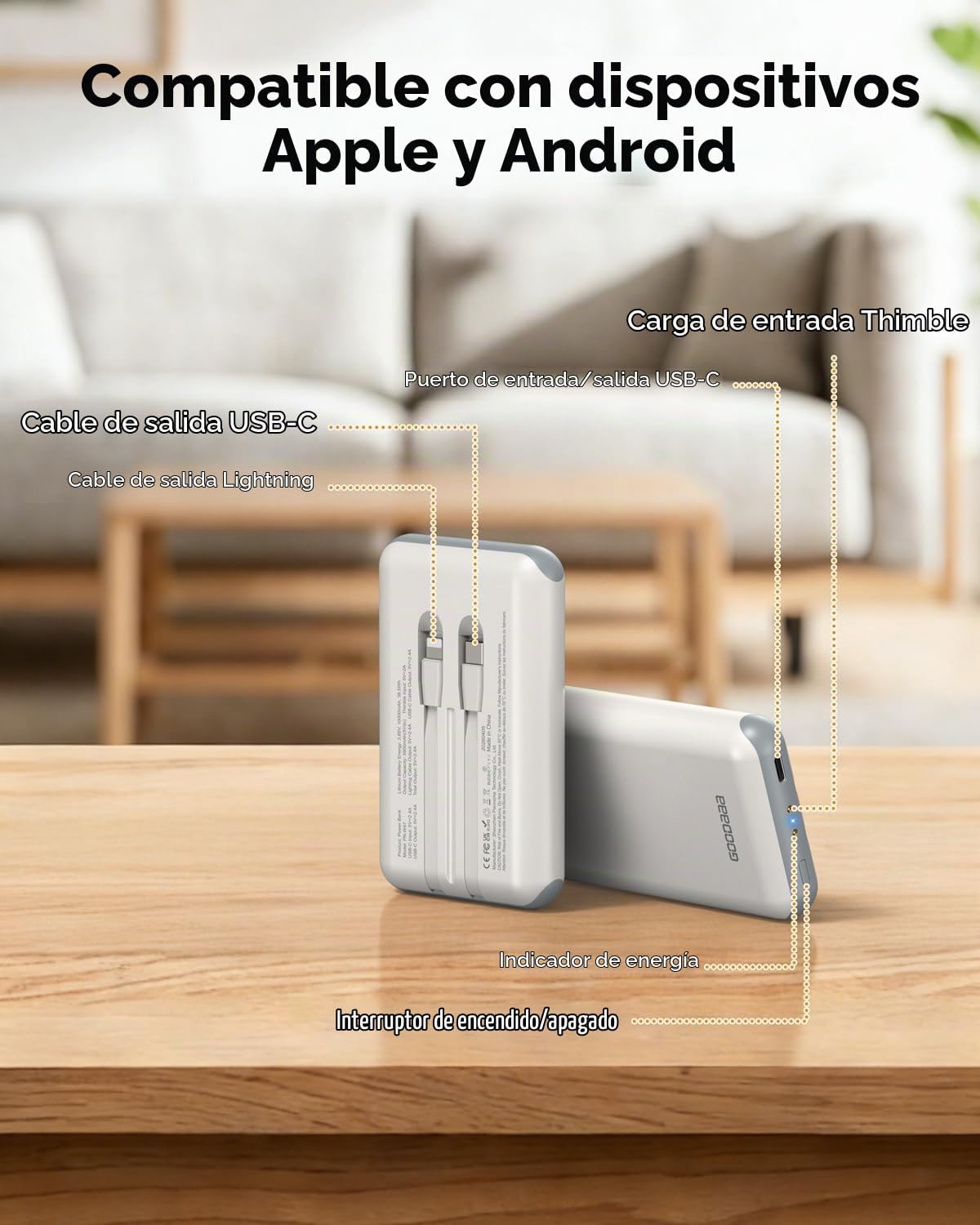 GOODaaa Cargador portátil, banco de energía de 10000 mAh, cables in...