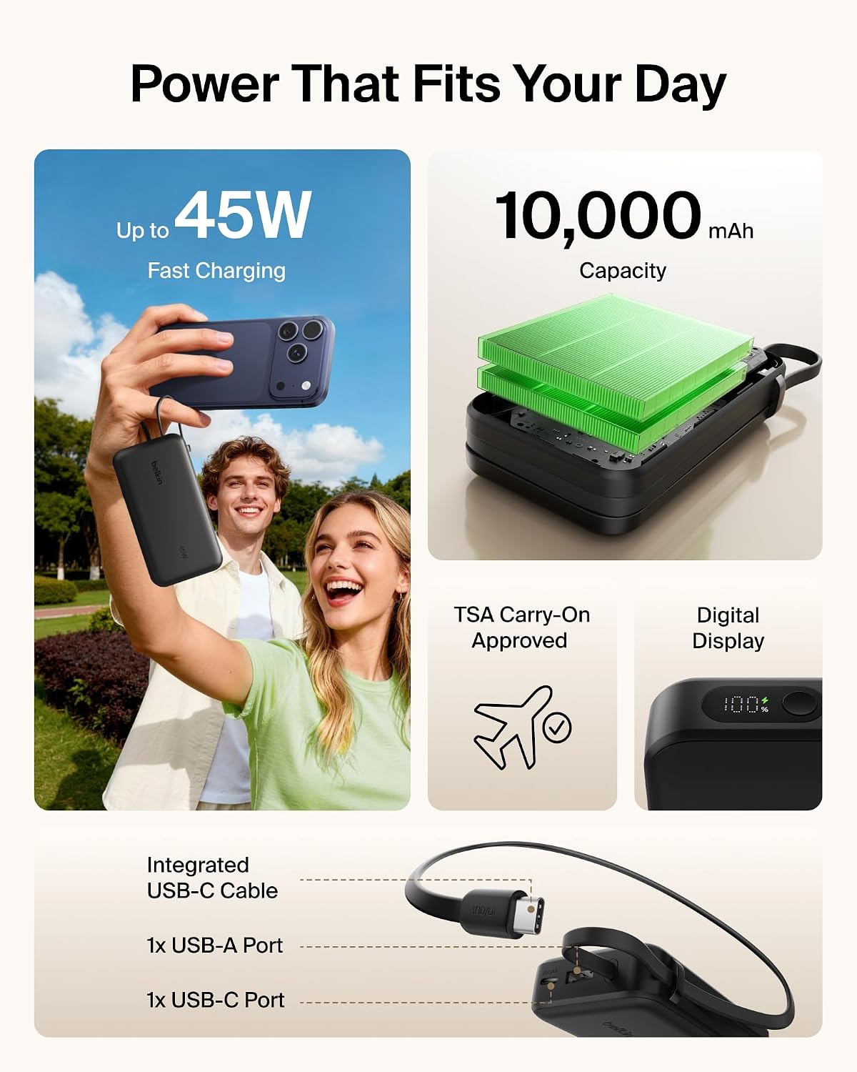 Belkin 10000mAh 45W Cargador portátil Power Bank, cable USB C integ...