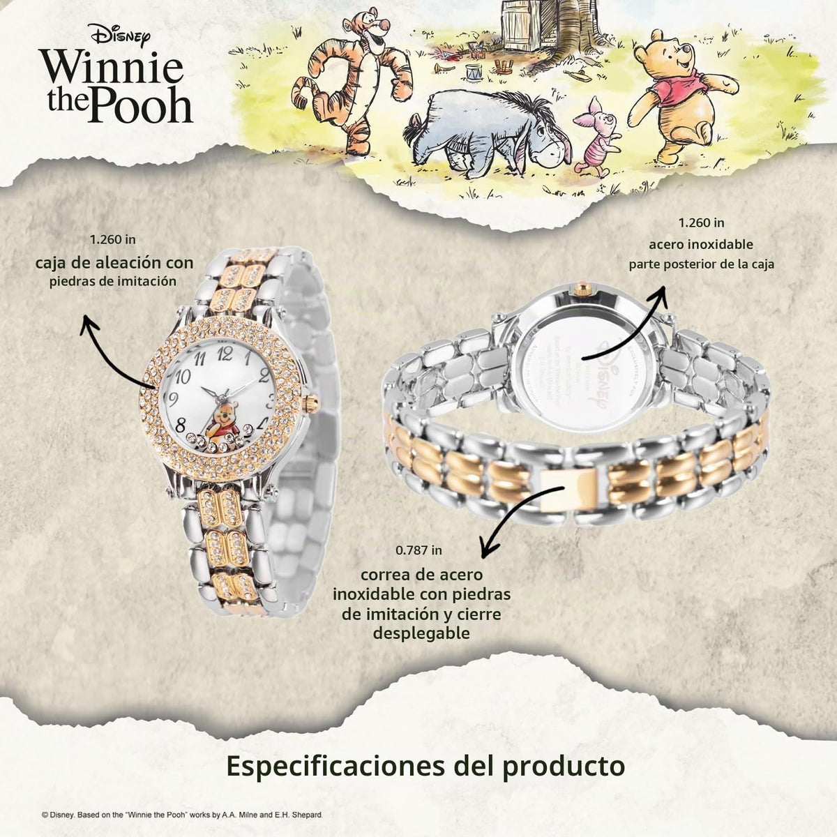 Disney Reloj de pulsera de piedras flotantes de cuarzo análogo redo...