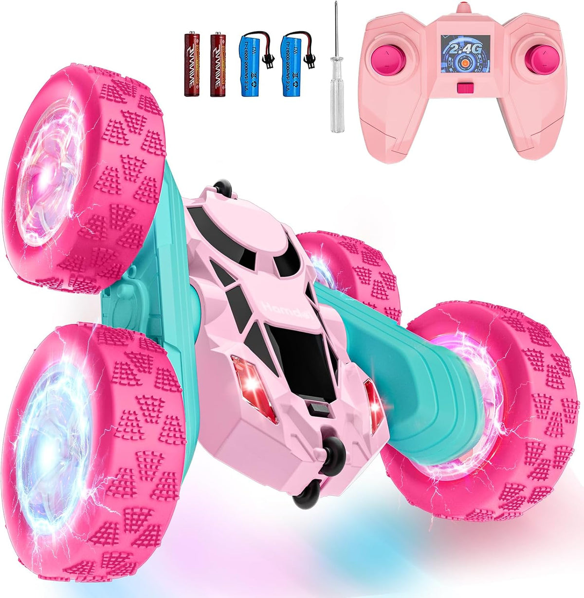 Hamdol Coche de control remoto rosa para niñas, doble cara con faro...