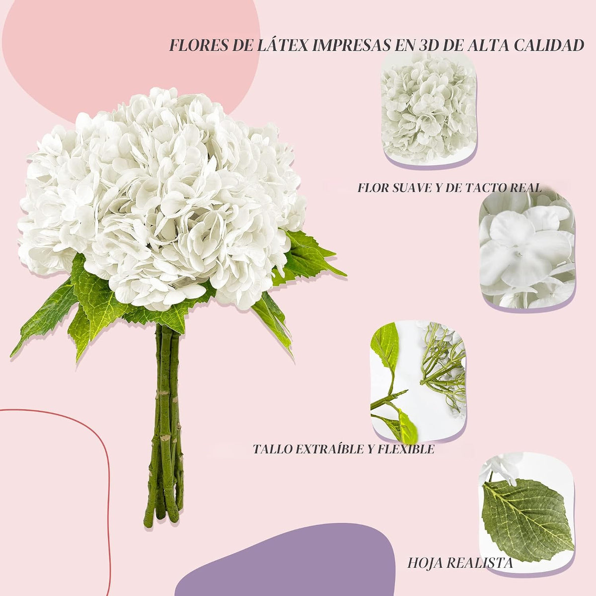 Yatim Hortensias artificiales blancas de 21 pulgadas con tallos 5 p...