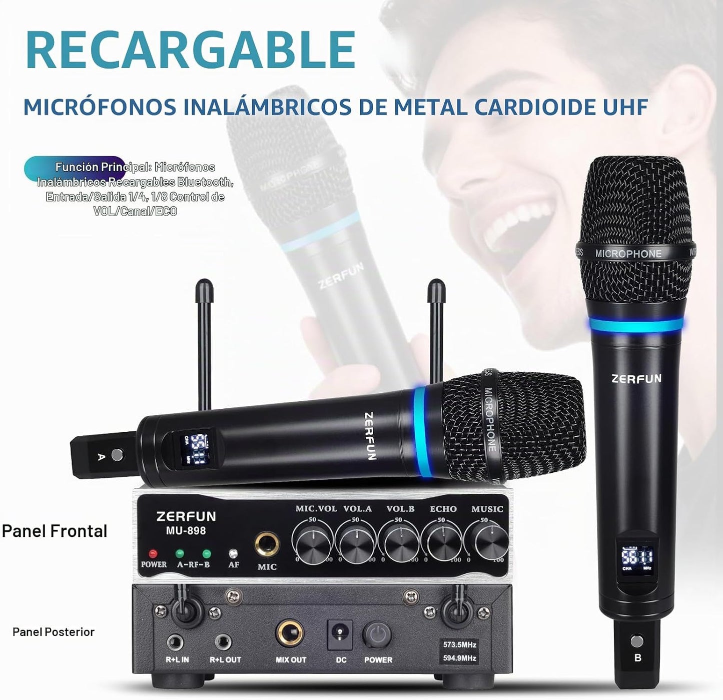 ZERFUN Sistema de Micrófono Inalámbrico Recargable de 2 Canales, Mi...