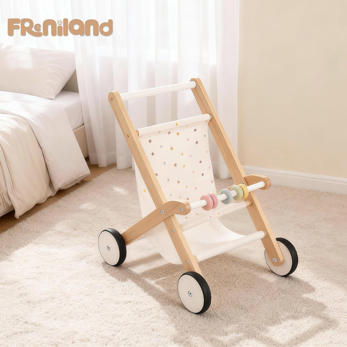 Freniland Cochecito de madera para muñeca de bebé, juguete para cam...