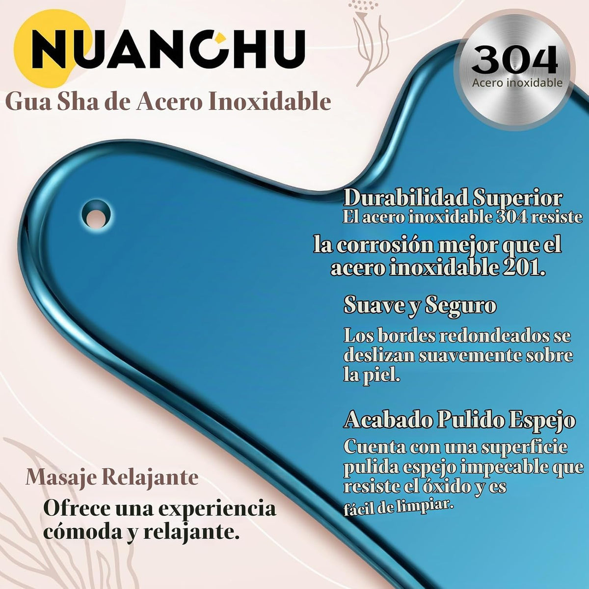 Nuanchu 304 Gua Sha - Herramienta facial de acero inoxidable, azul,...