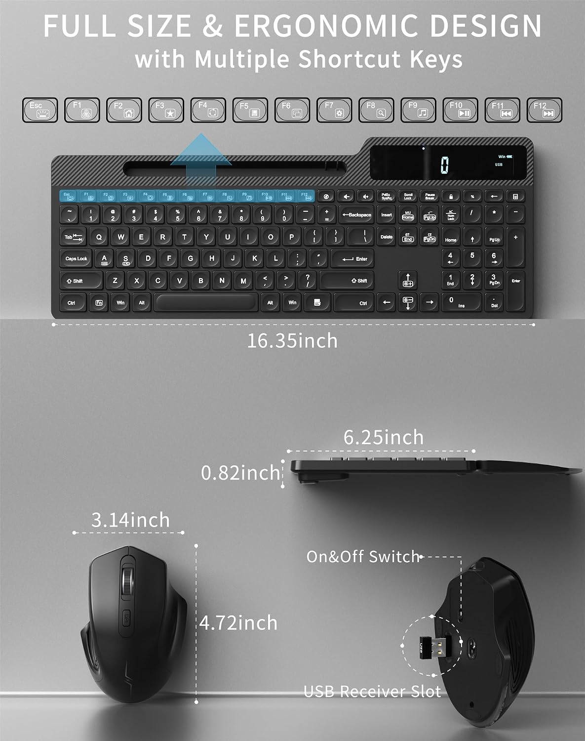 Combo de teclado y mouse inalámbricos, teclado ergonómico silencios...