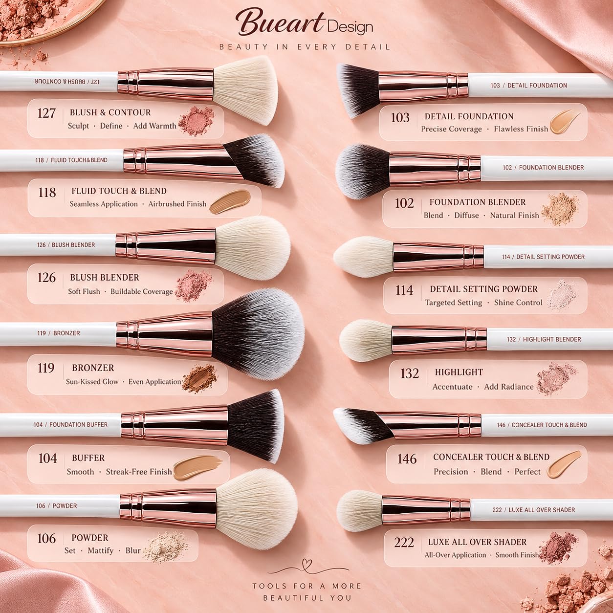 Set de brochas de maquillaje profesional 32 piezas de pelo de cabra...