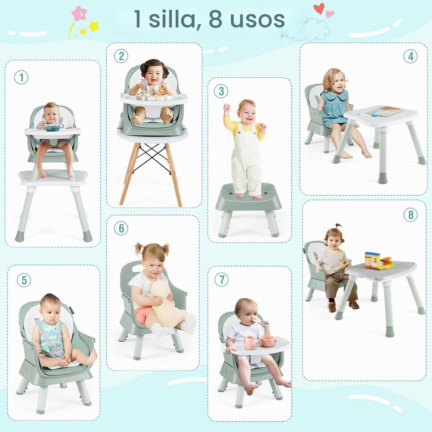 HONEY JOY Silla alta 8 en 1 para bebé, silla alta convertible para...