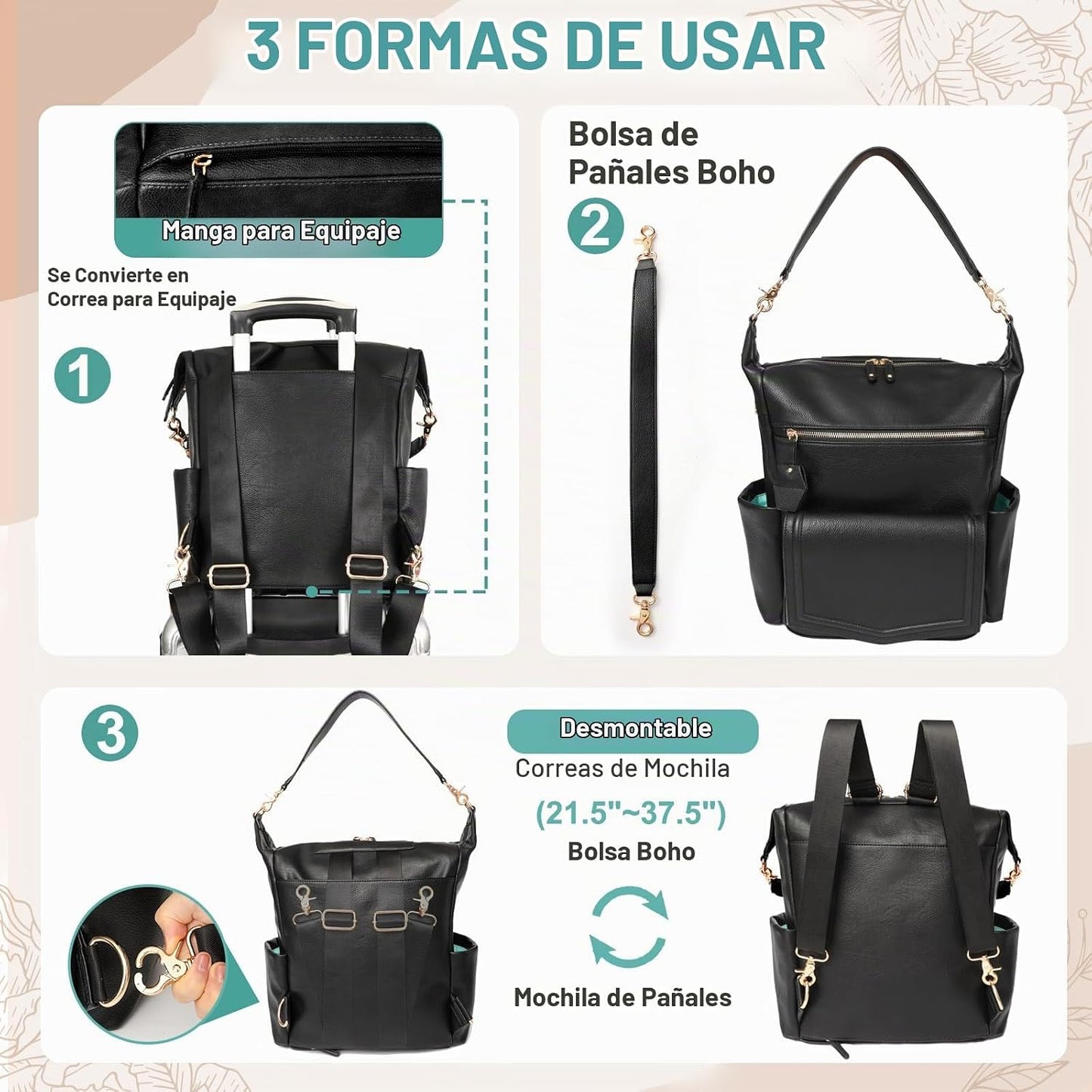 MOMINSIDE - Mochila de cuero convertible para pañales de bebé, bols...