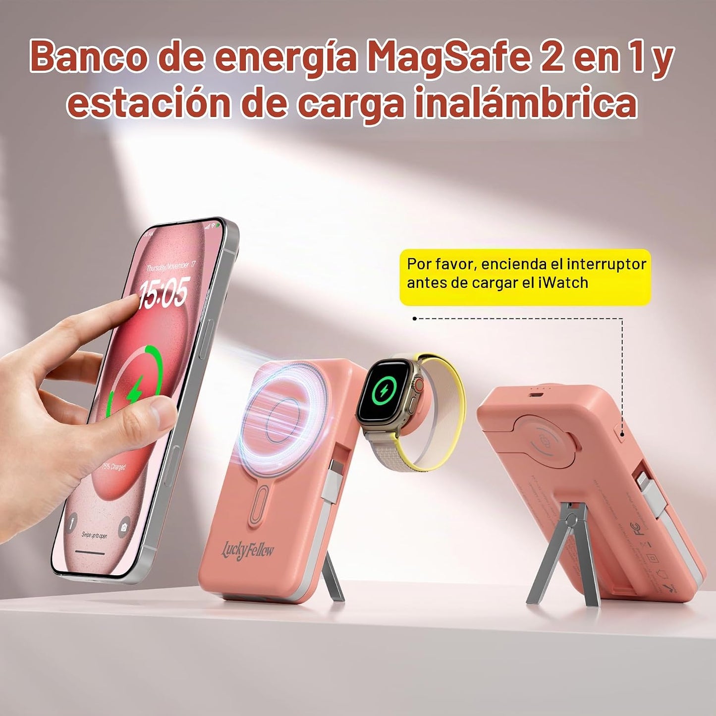 LUCKYFELLOW Cargador portátil magnético de 10000 mAh, cables integr...