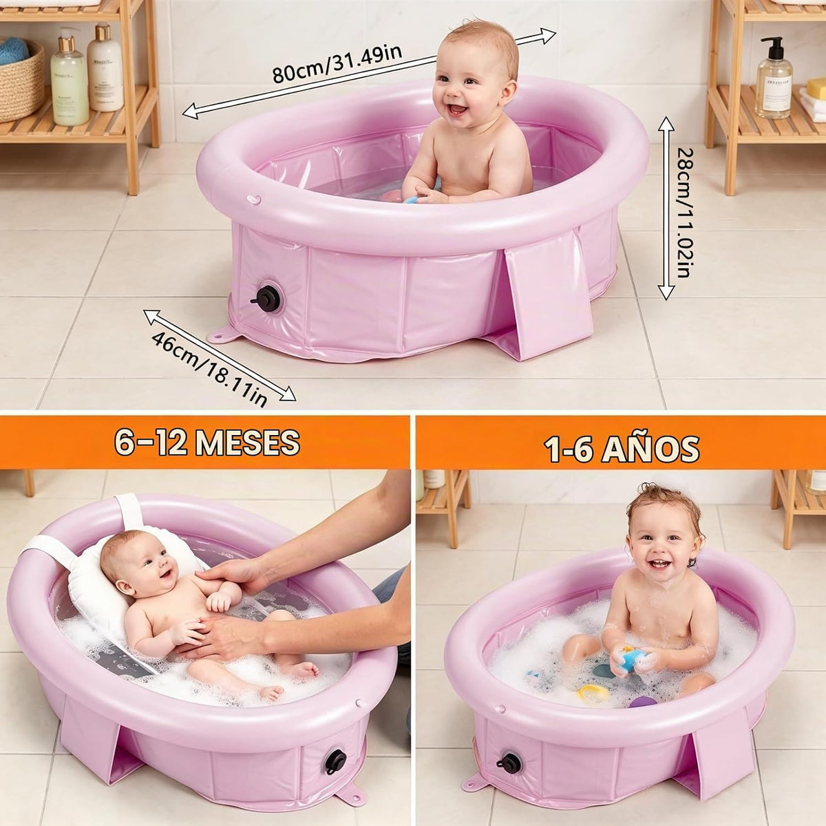 Bañera de bebé para recién nacidos hasta niños pequeños de 1 a 6 añ...