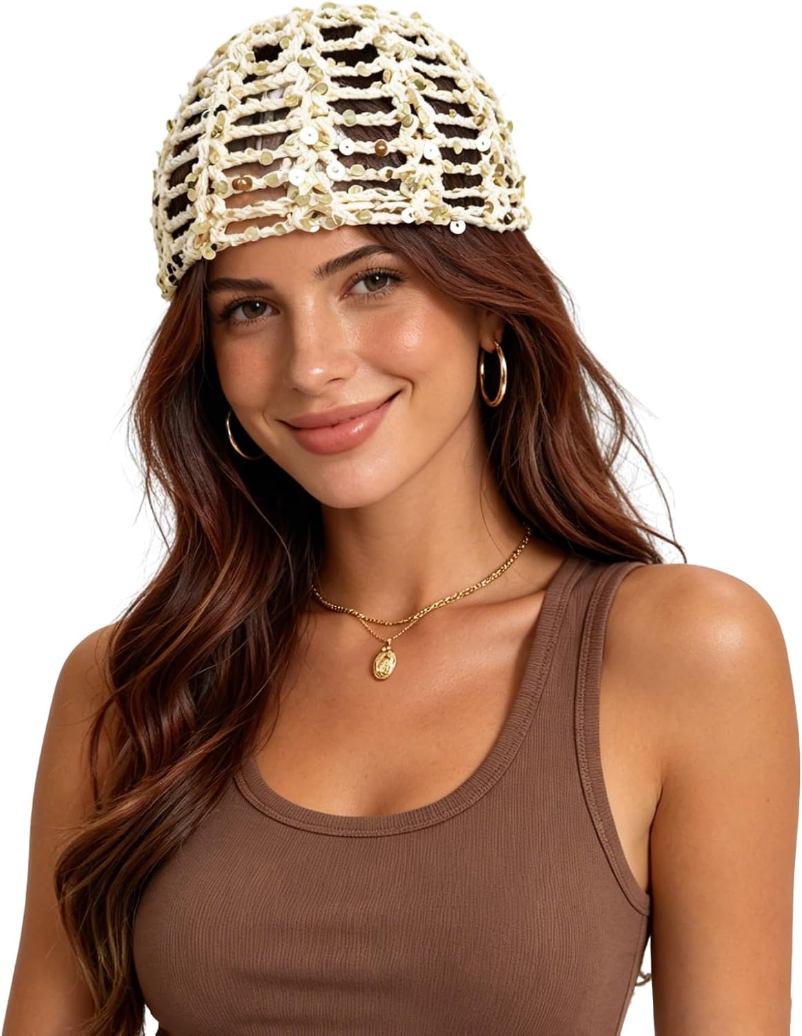 HENWASAI Gorro de ganchillo brillante para mujer con ribete de perl...