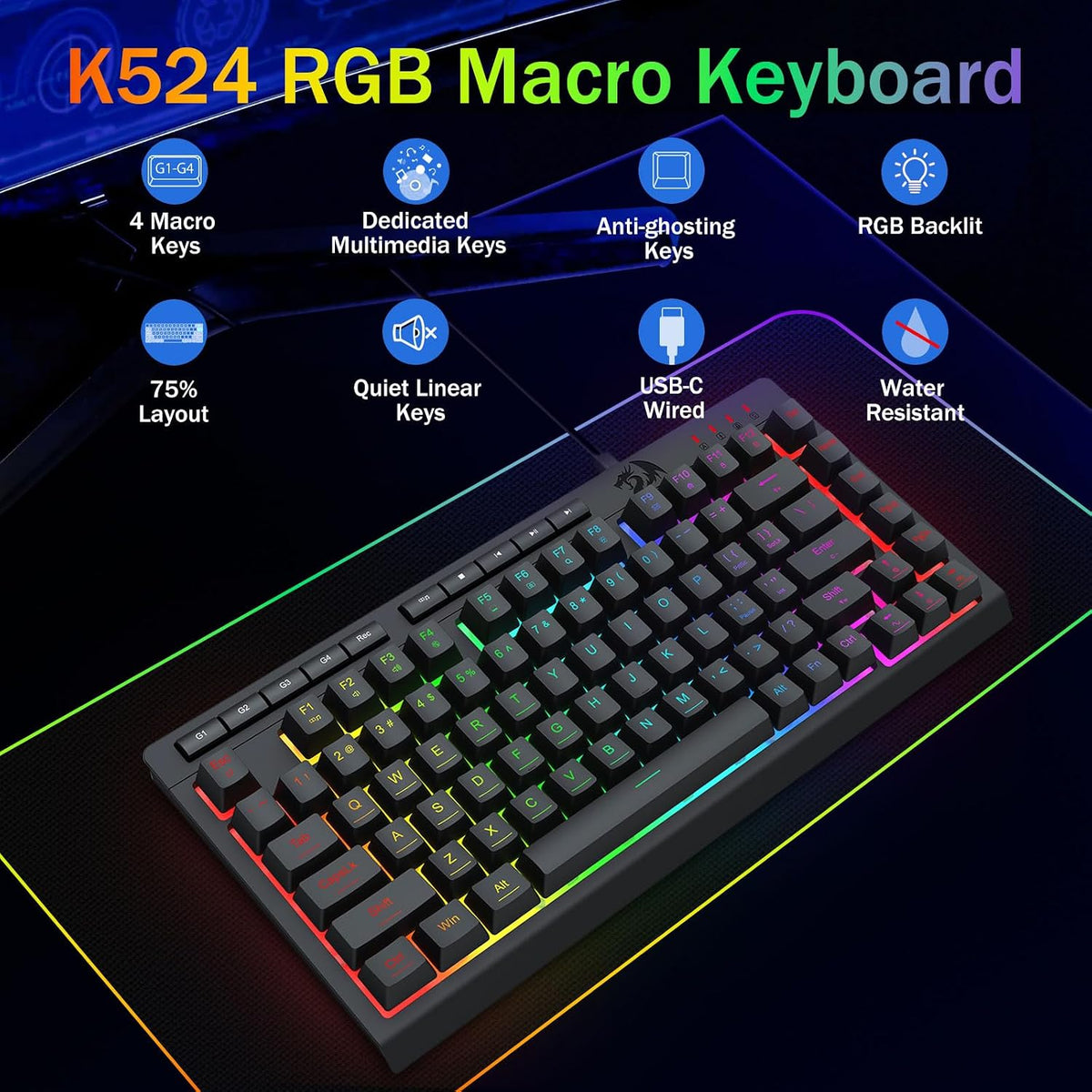 Redragon Teclado para juegos K524 75% con cable, retroiluminación R...