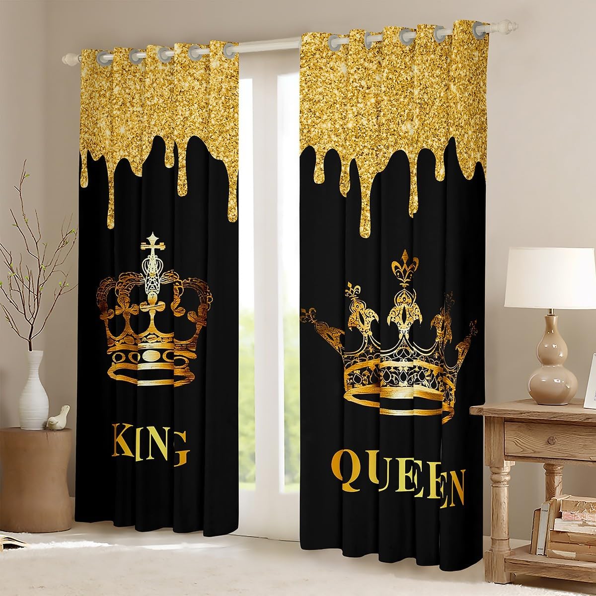 Feelyou Cortinas opacas con corona dorada para ventana King &amp; Q...