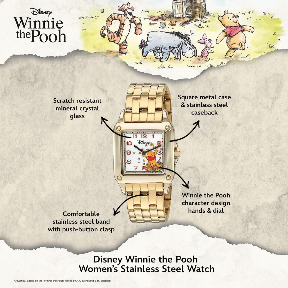 Disney Reloj clásico de Winnie The Pooh para mujer con esfera cuadr...