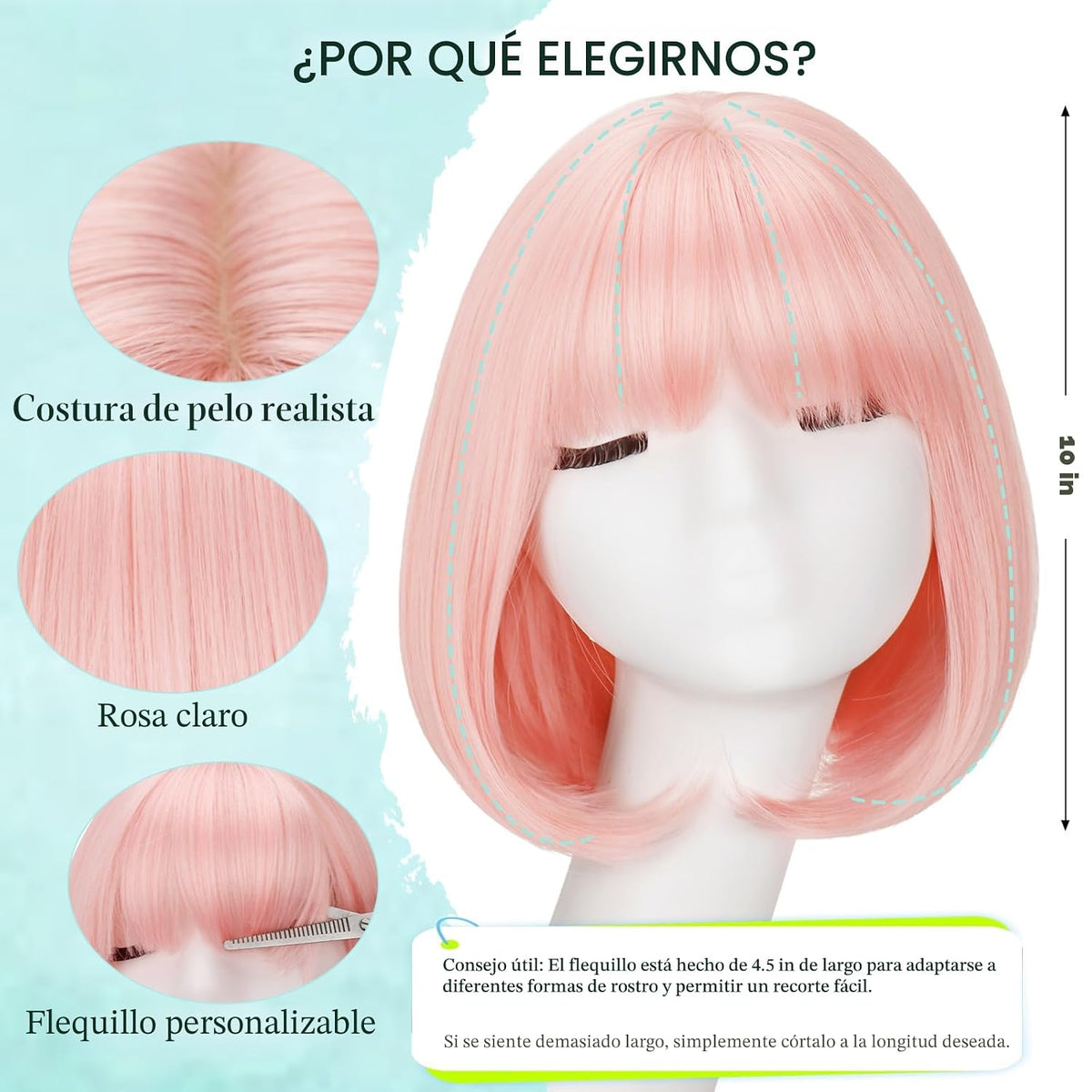NOVFLKW Peluca rosa claro con flequillo (se puede recortar) Pelucas...