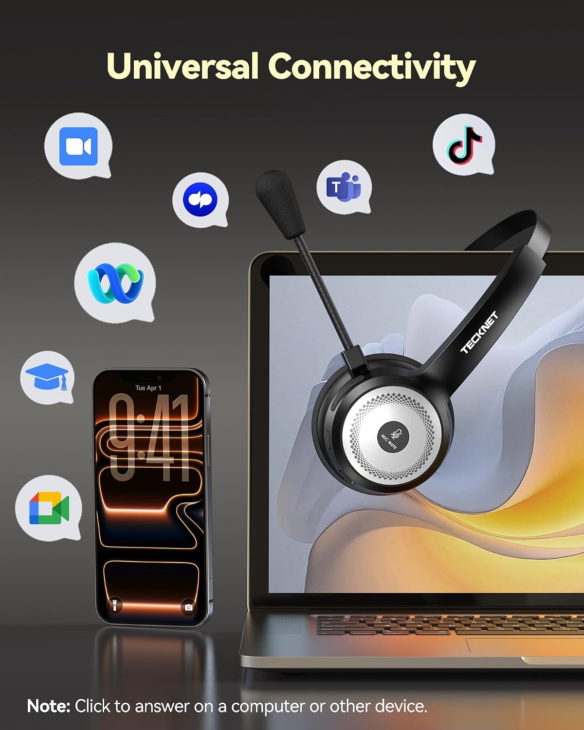TECKNET Auriculares inalámbricos para trabajo Bluetooth con micrófo...