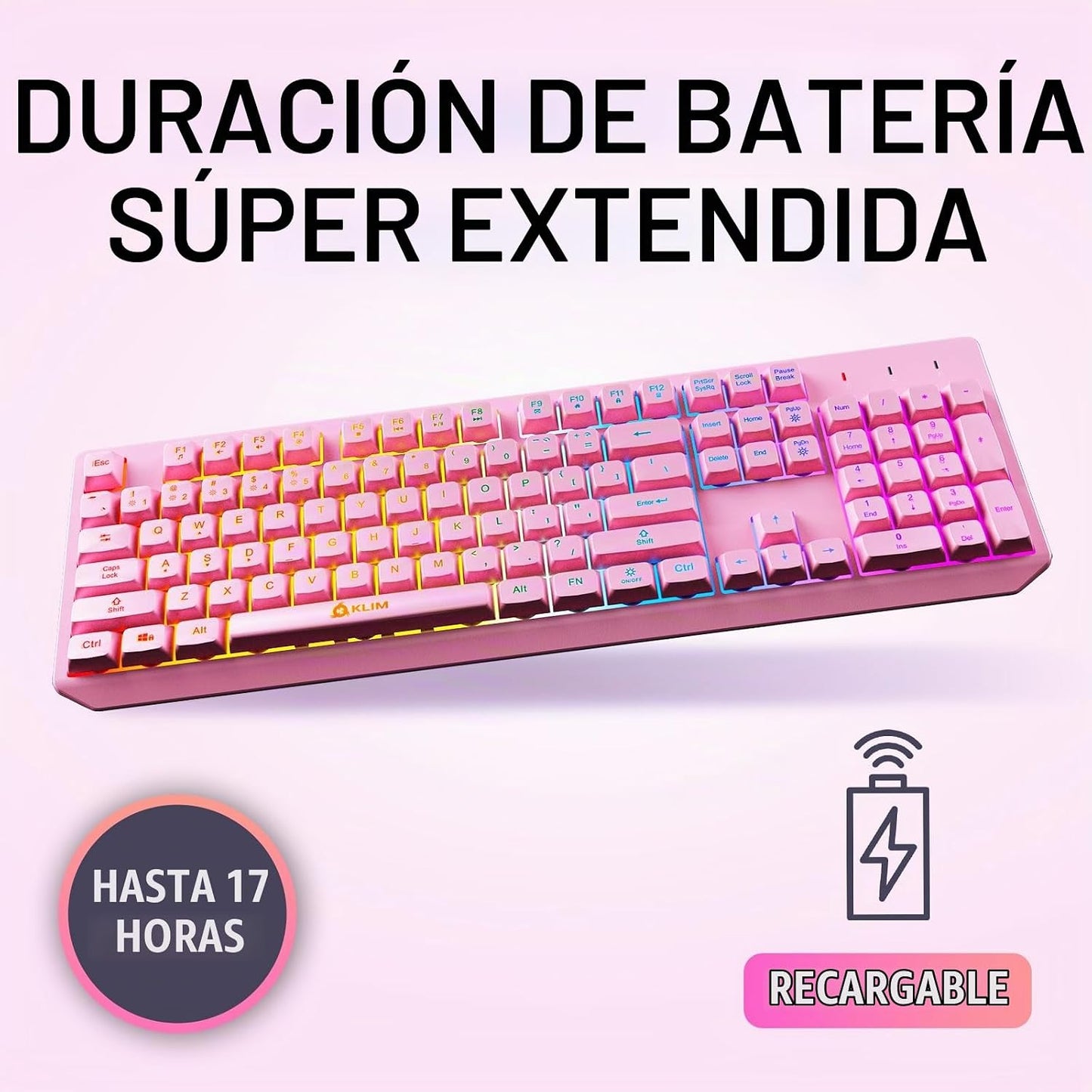Teclado inalámbrico KLIM Chroma Rosa \u2013 Retroiluminación RGB, B...
