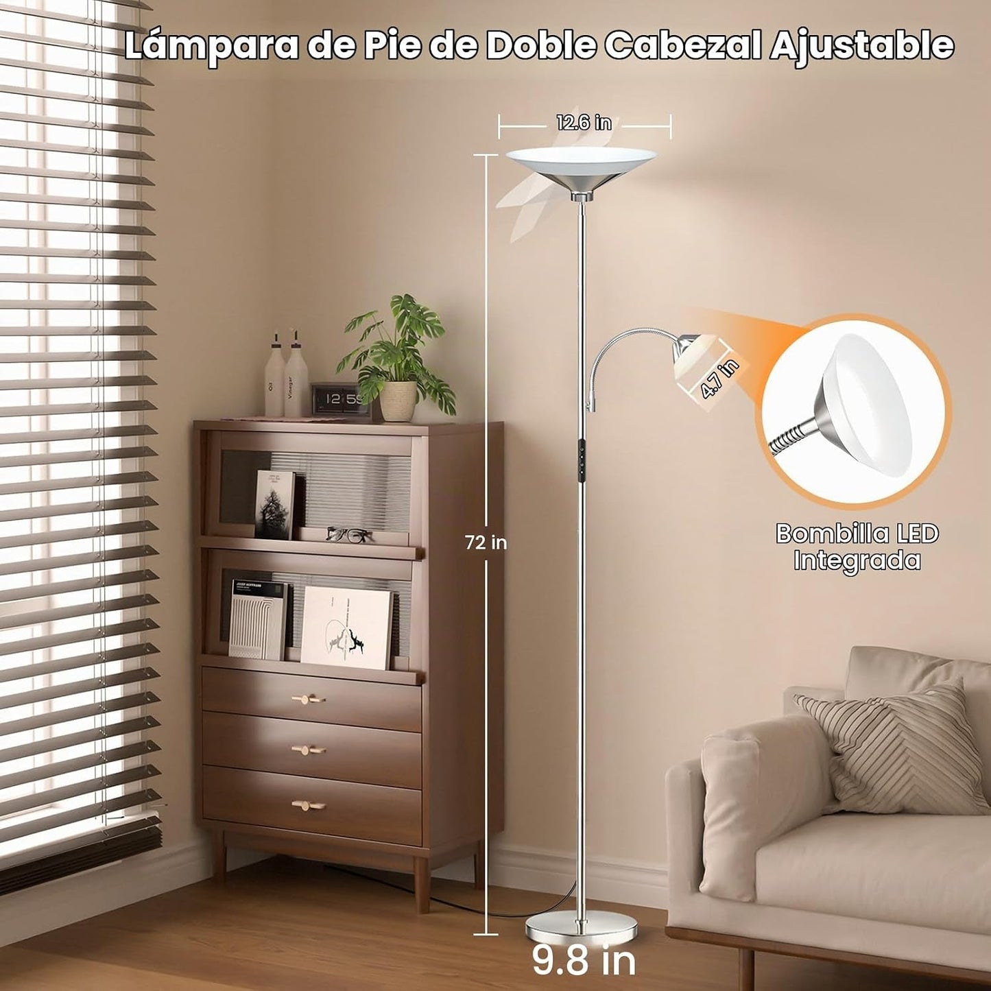 SIBRILLE Lámpara de pie plateada metálica, lámpara de pie LED regul...