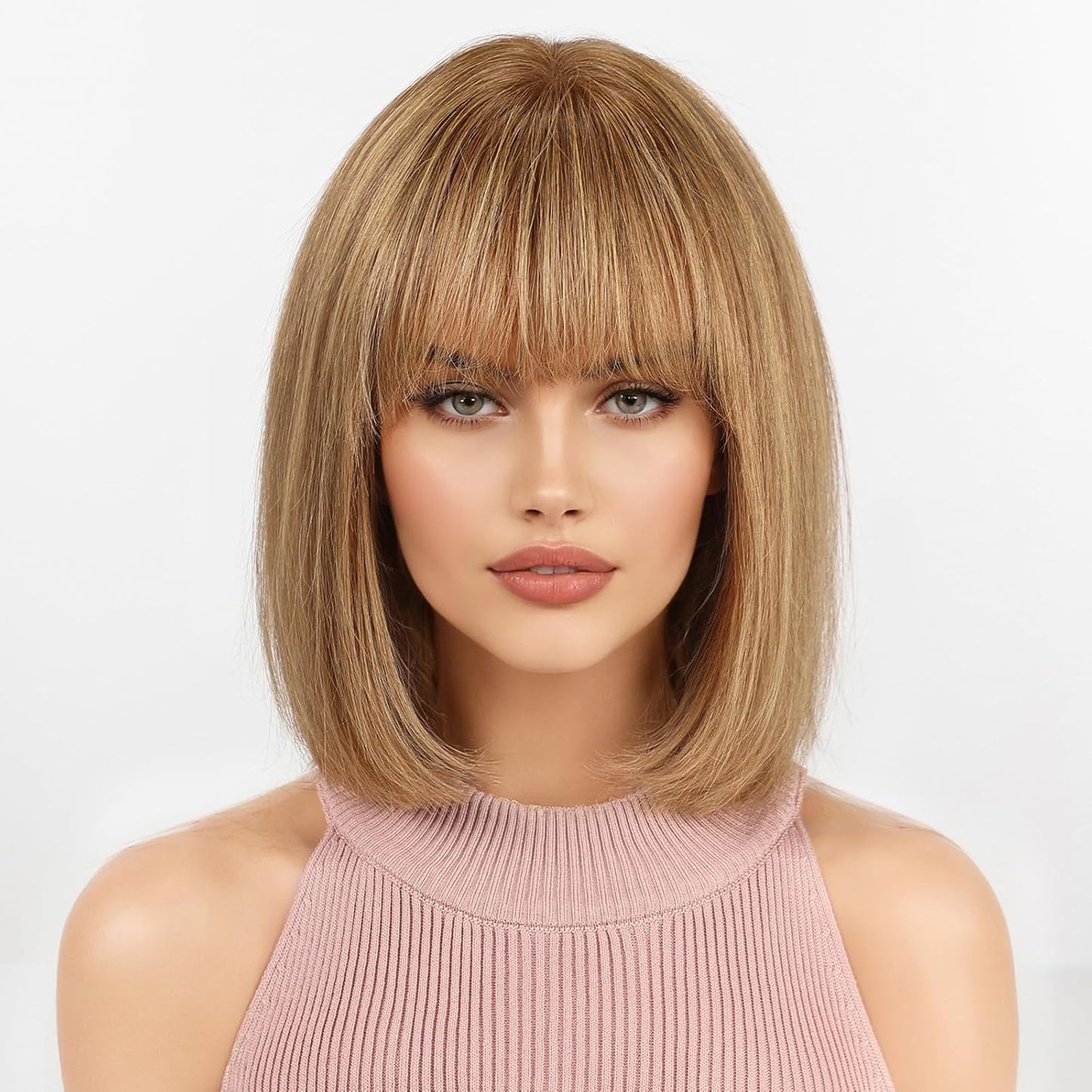 KKU Pelucas de cabello humano marrón claro degradado para mujer, pe...