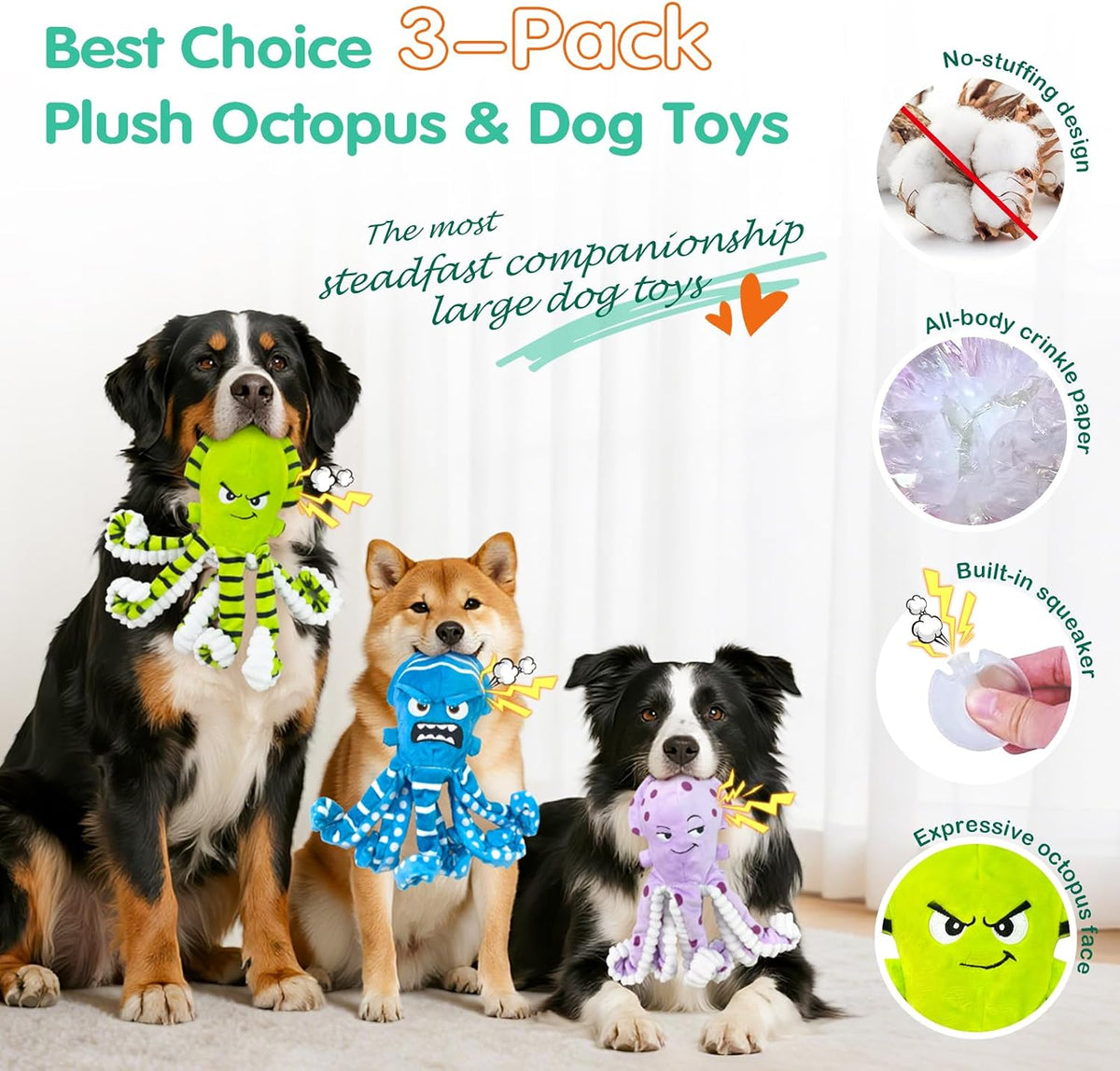 Fuufome Juguetes masticables de pulpo para perros, paquete de 3 jug...