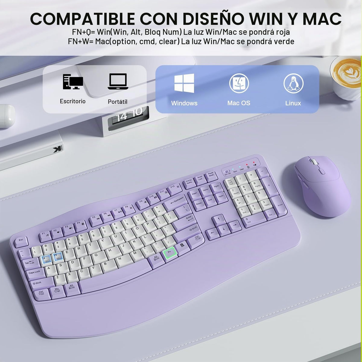 Combo de teclado y mouse inalámbricos, teclas onduladas de tamaño c...
