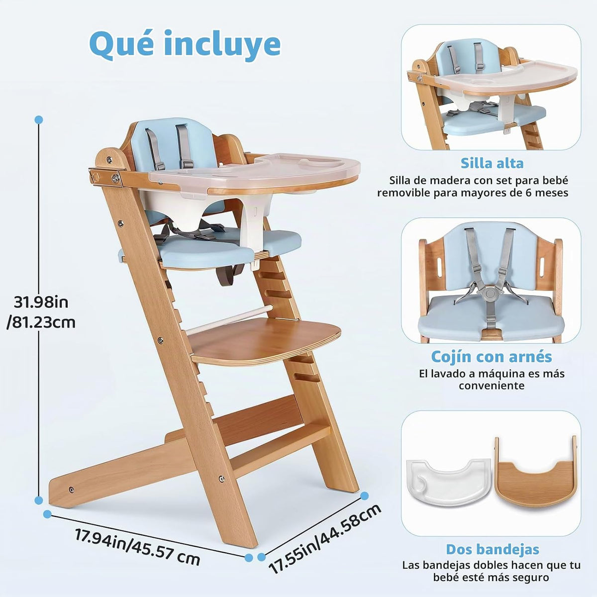 Trona de madera para bebé Cowiewie, silla de crecimiento convertibl...