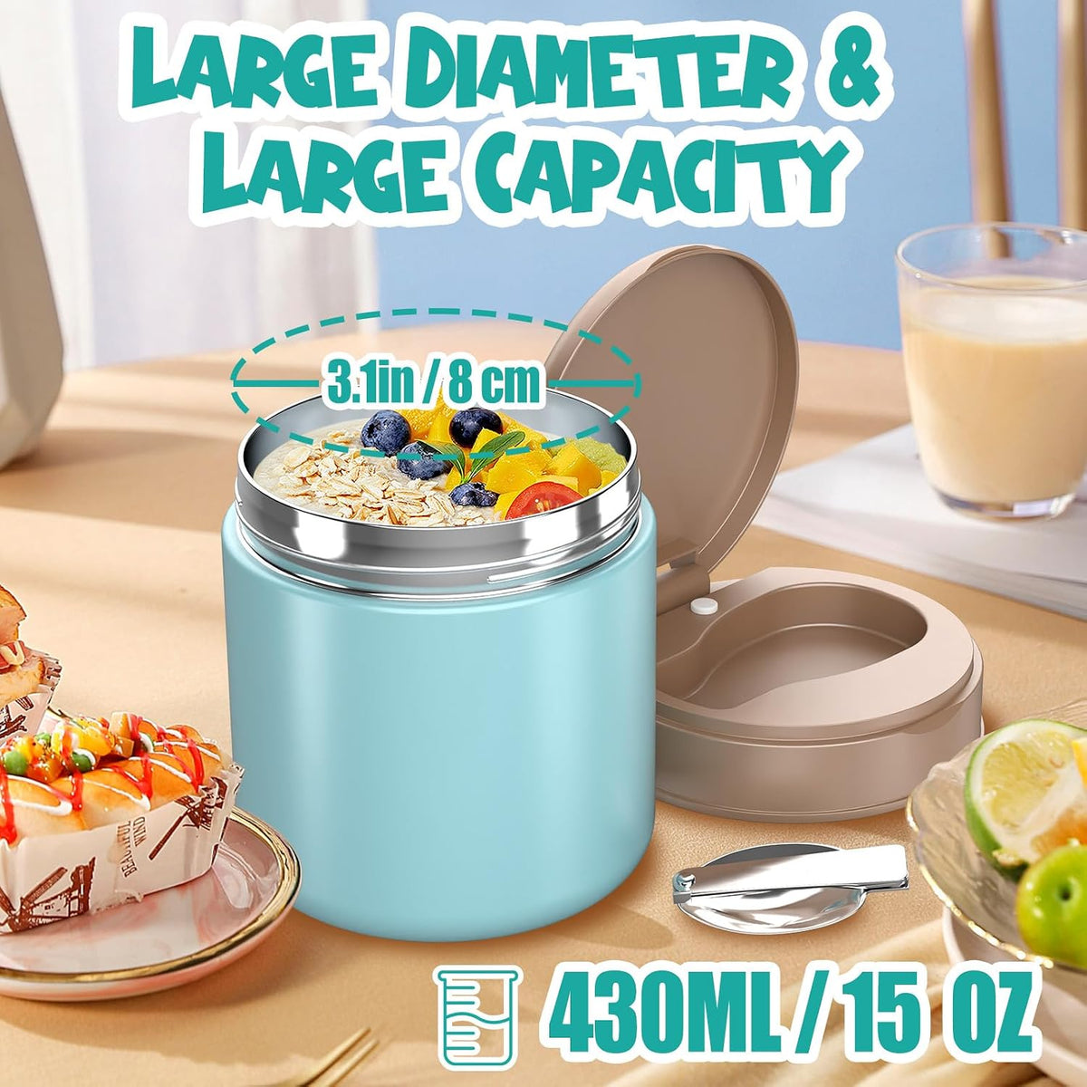 Termo para niños de comida caliente - 15.2oz con cuchara plegable y...