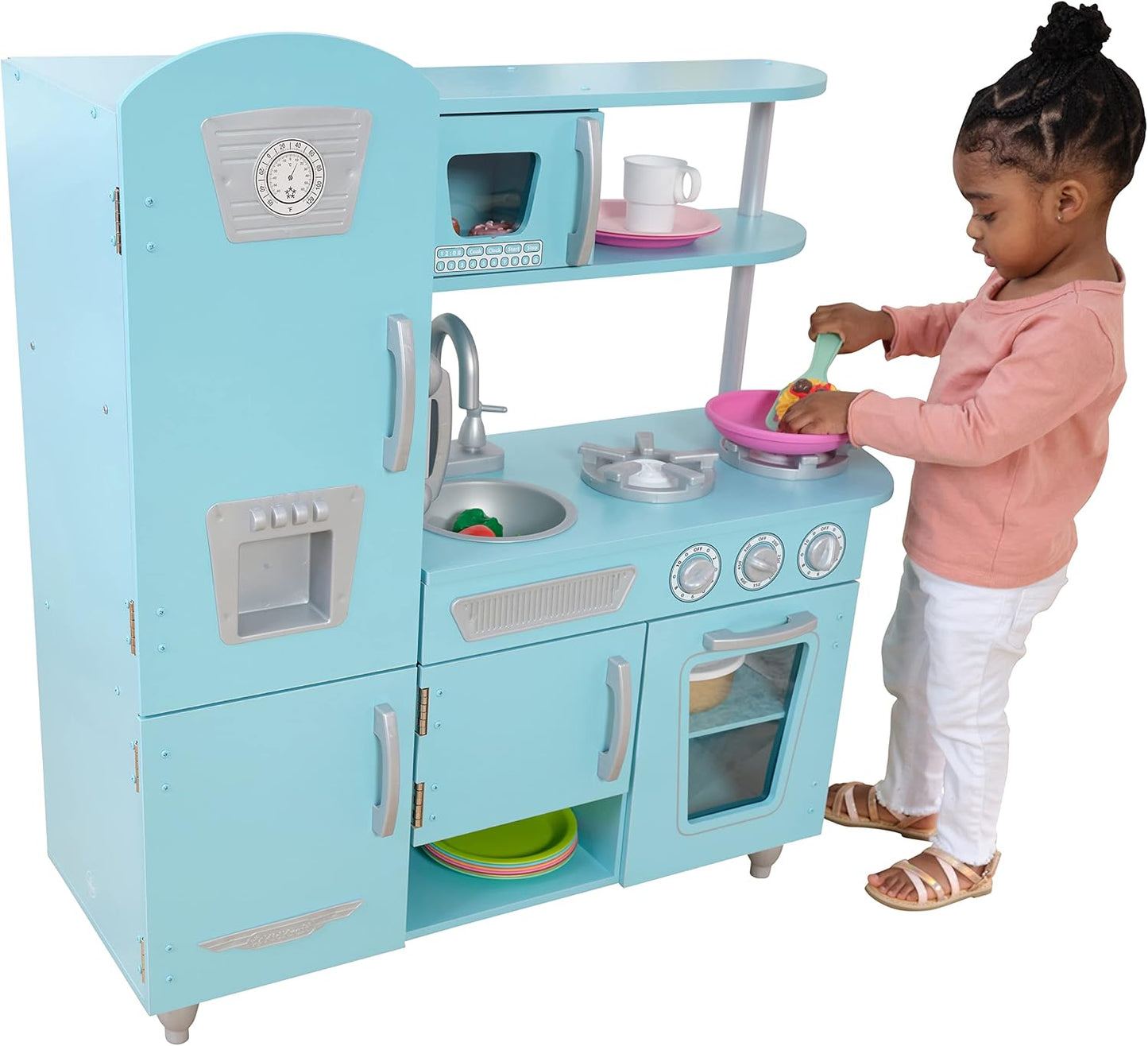 Clásica Cocina, Azul | Retro con refrigerador, grifo, fregadero, ga...